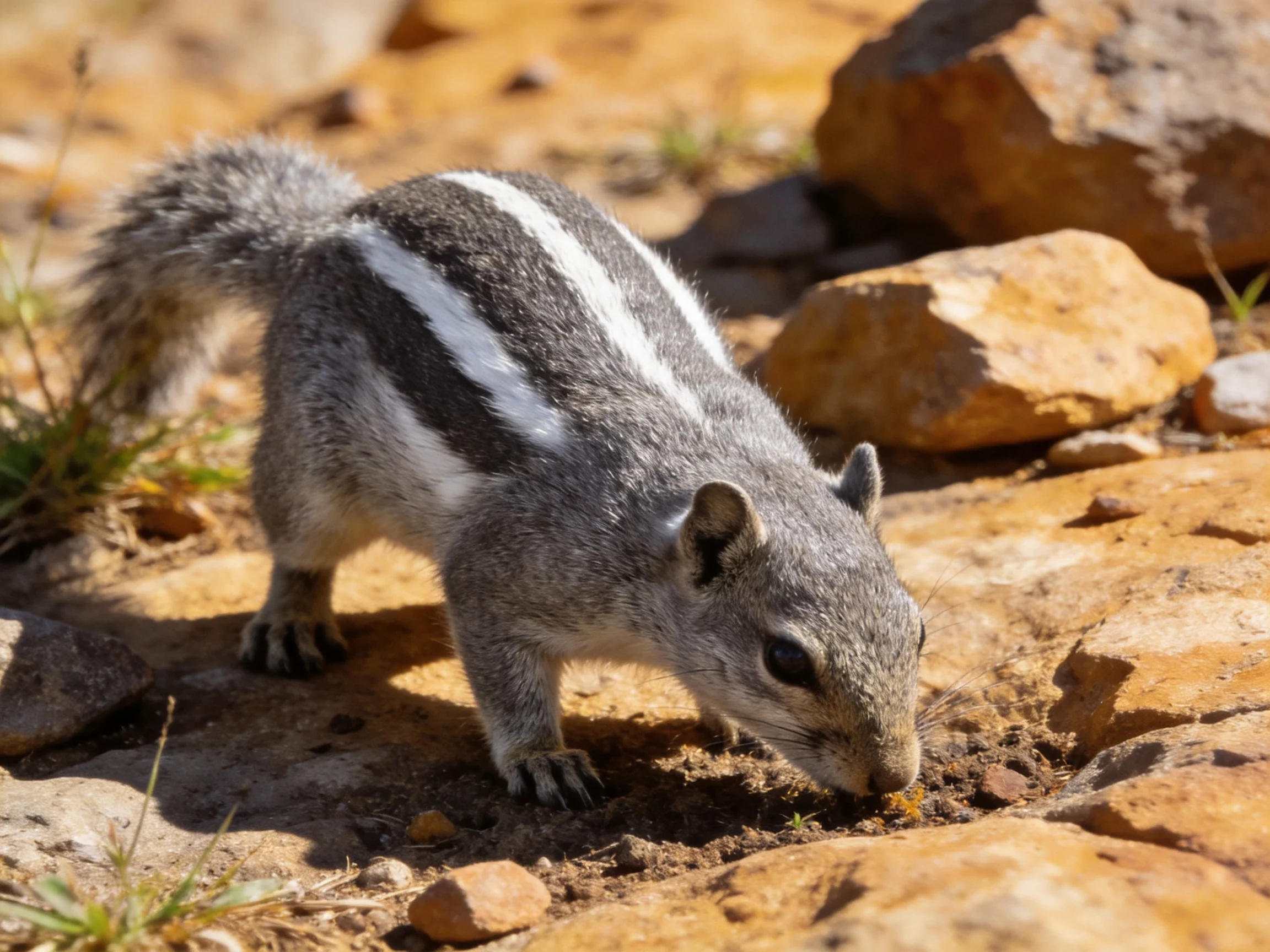 Gray squirrel with black stripes exploring rocky terrain