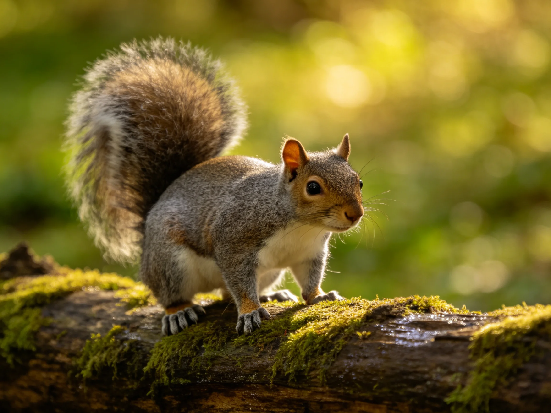 Gray squirrel with bushy tail on mossy log in sunlit forest