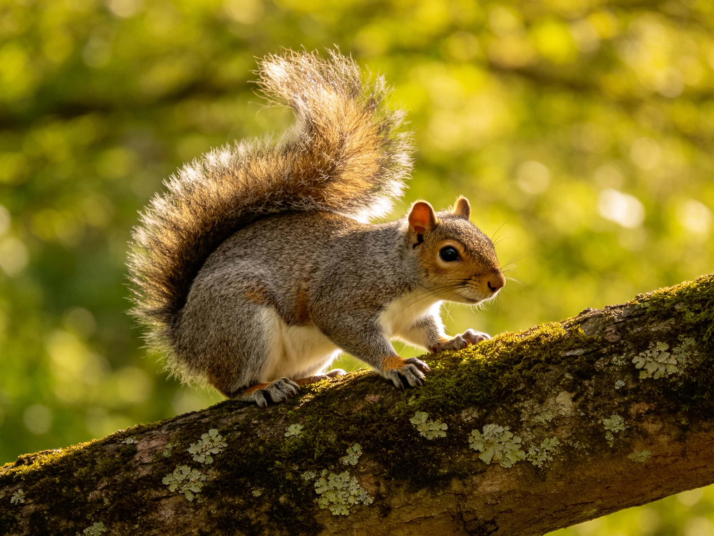 Gray squirrel with bushy tail on mossy tree branch in sunlight