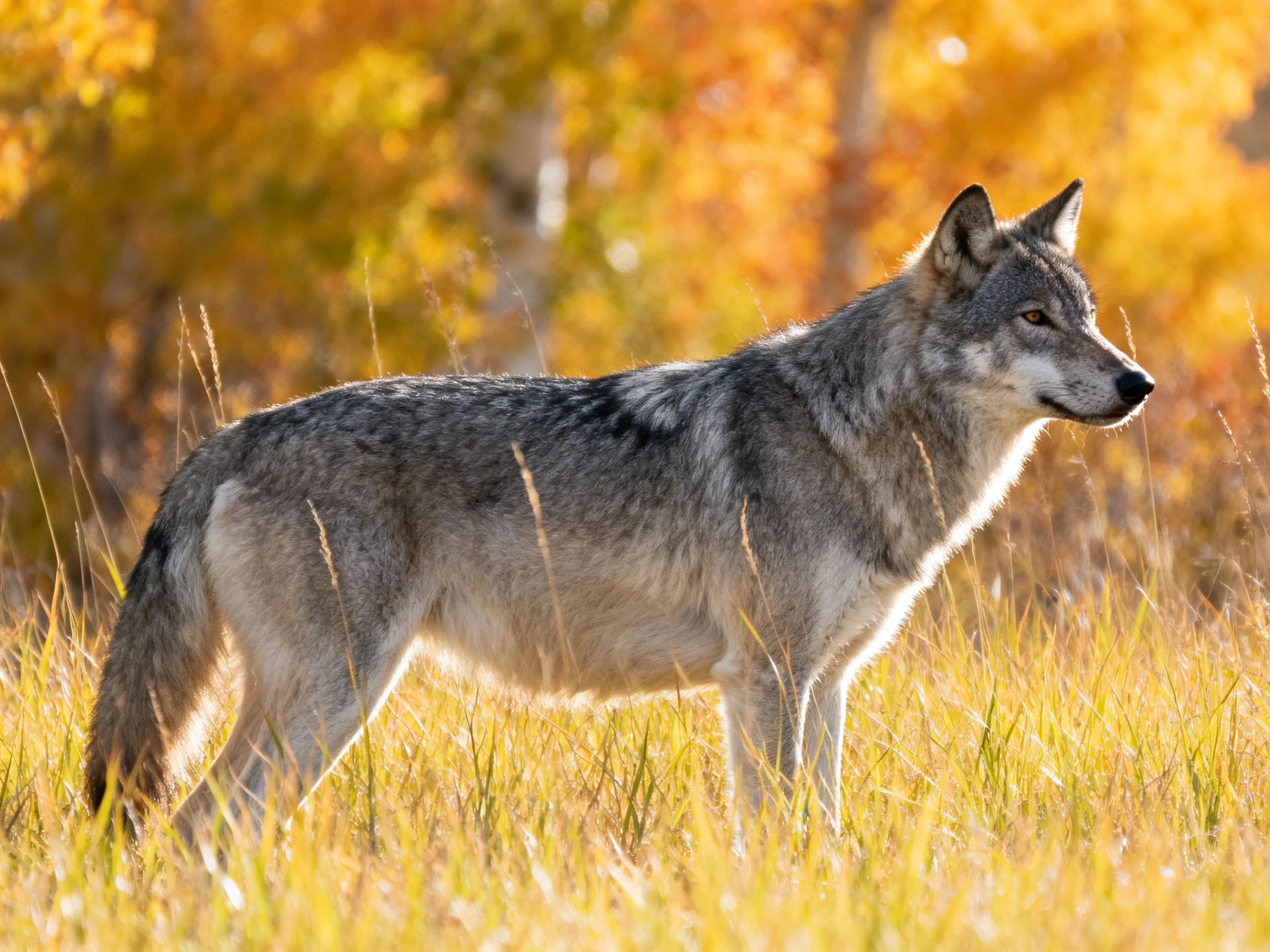Gray wolf amid golden grasses with autumn trees