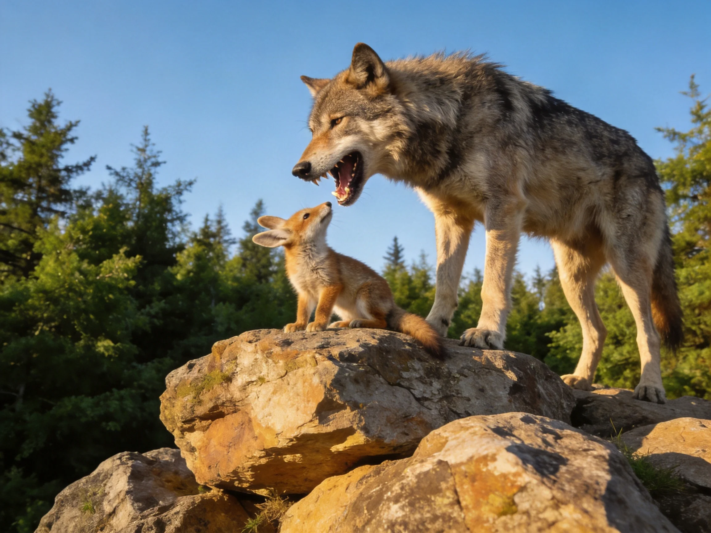 A gray wolf and orange fox cub interact on rocks surrounded by trees.