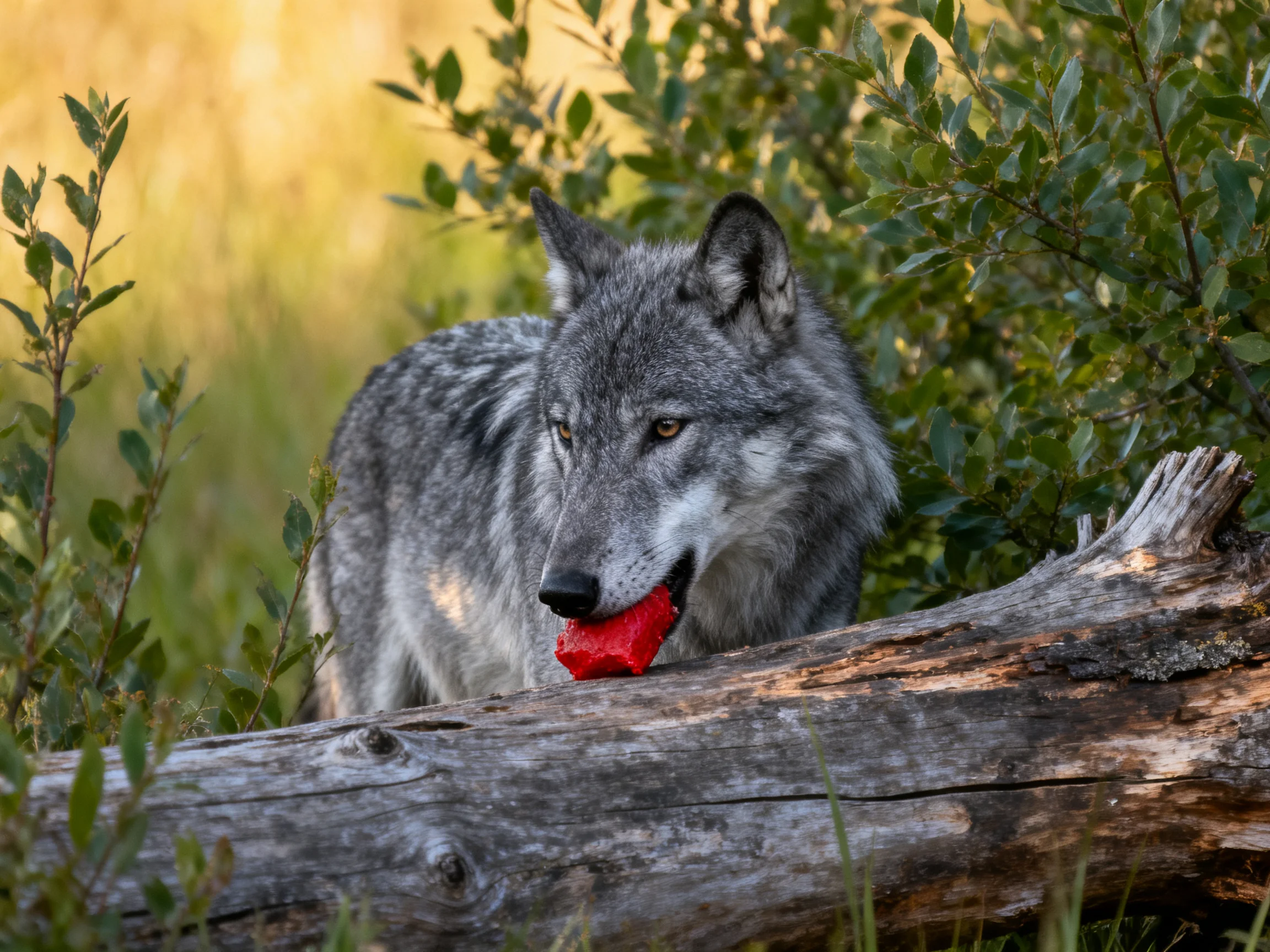 A gray wolf transports red prey beside a weathered log amid greenery.