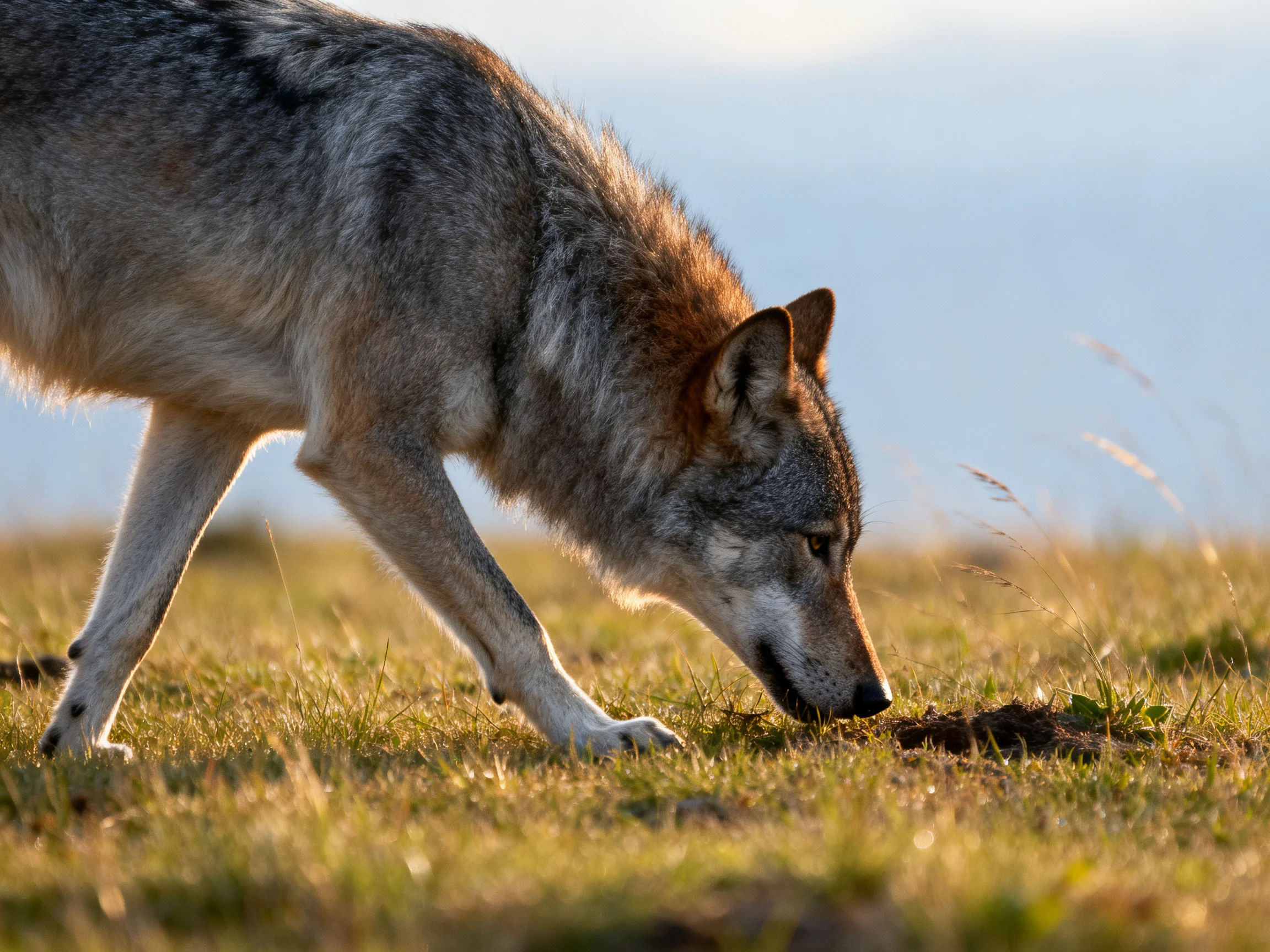 Gray wolf investigating golden grasses in sunlit field