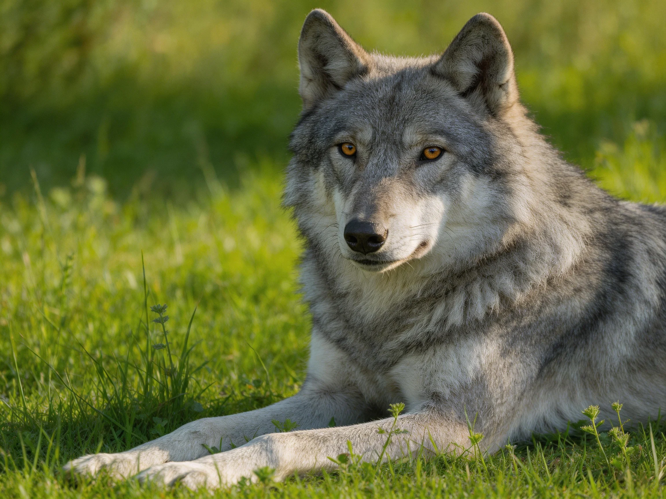 Gray wolf resting in sun-dappled green meadow