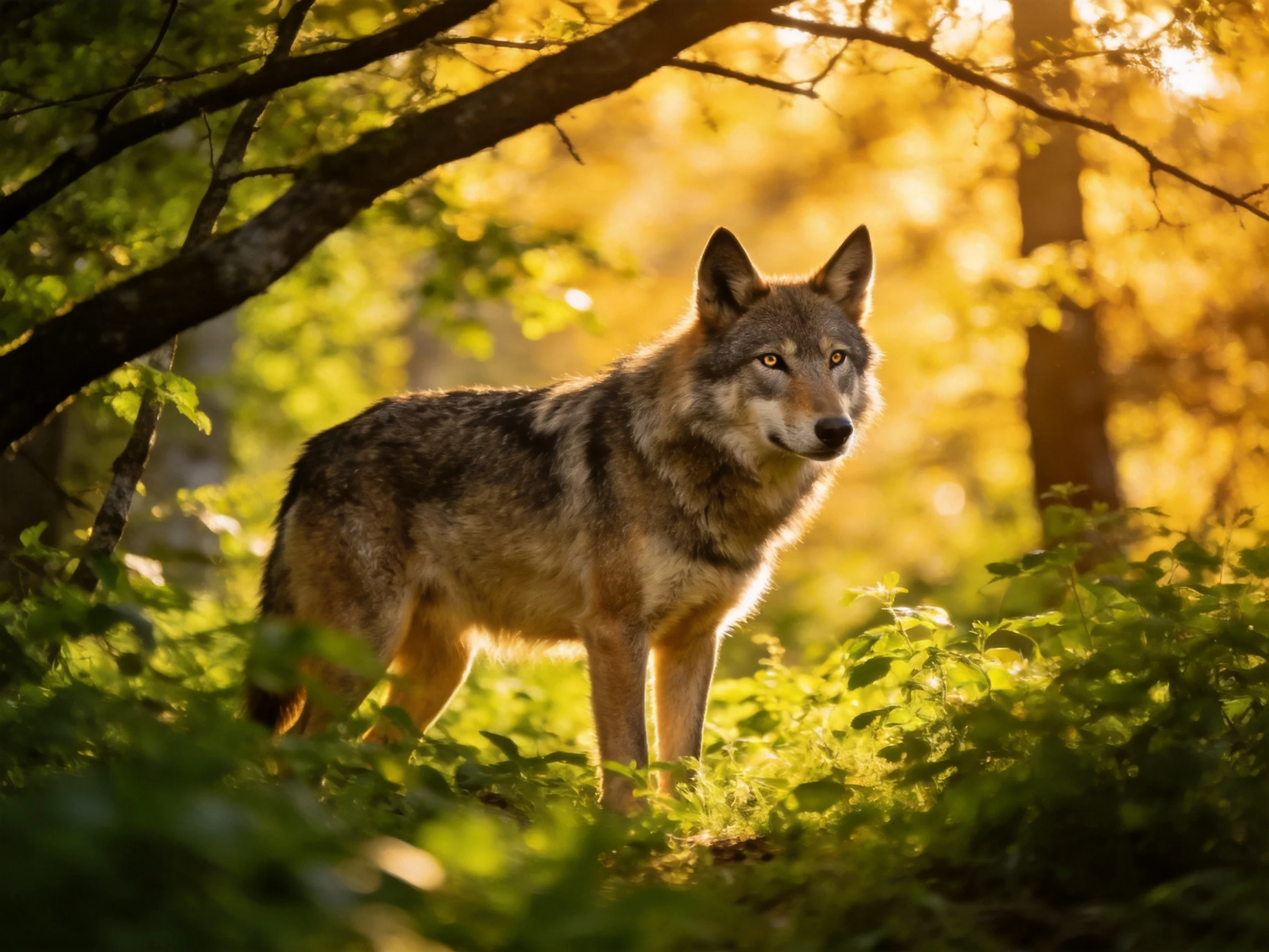 Gray wolf standing in sunlit forest with golden light