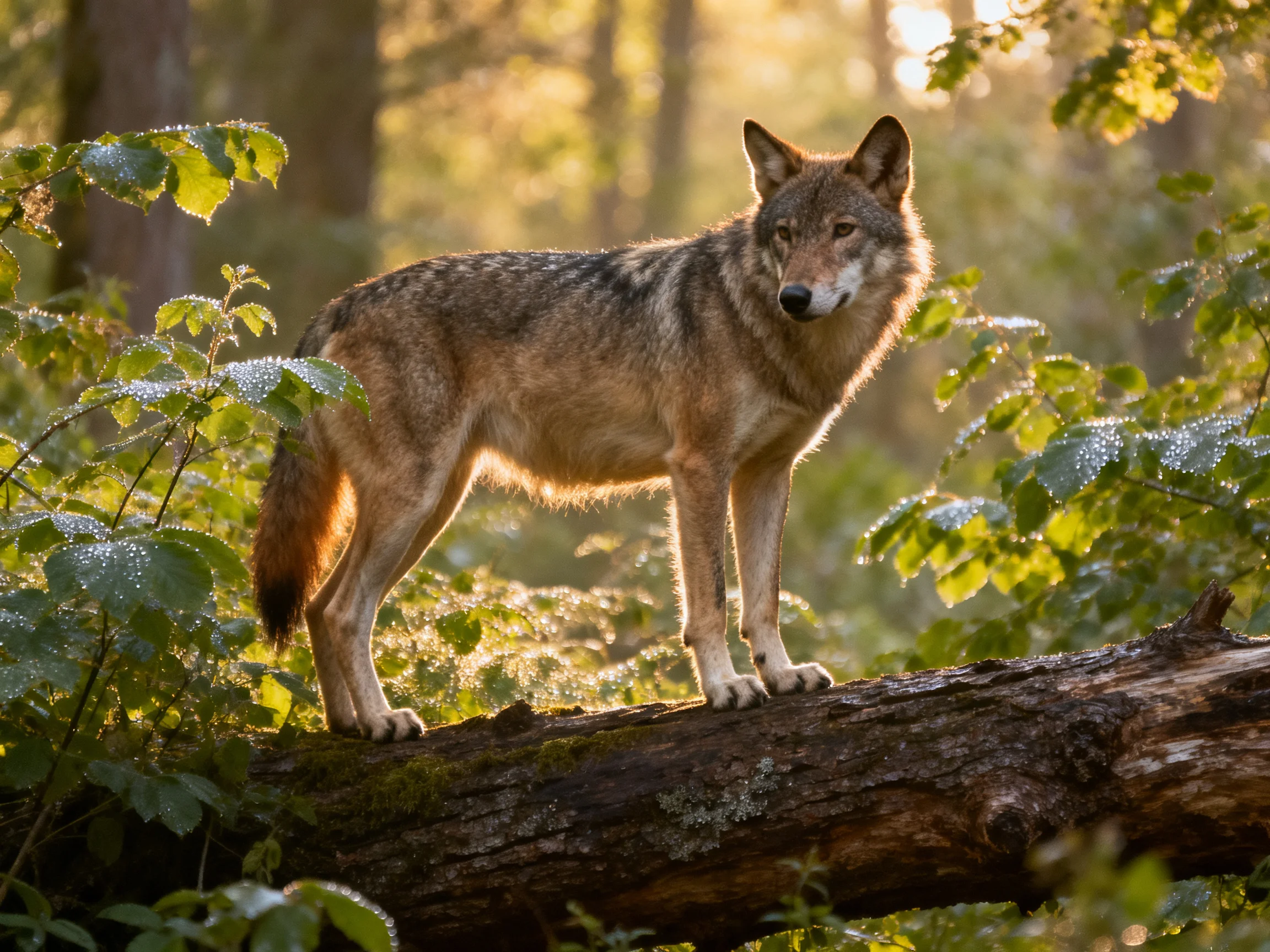 A gray wolf stands on a log in a sunlit forest with lush greenery.