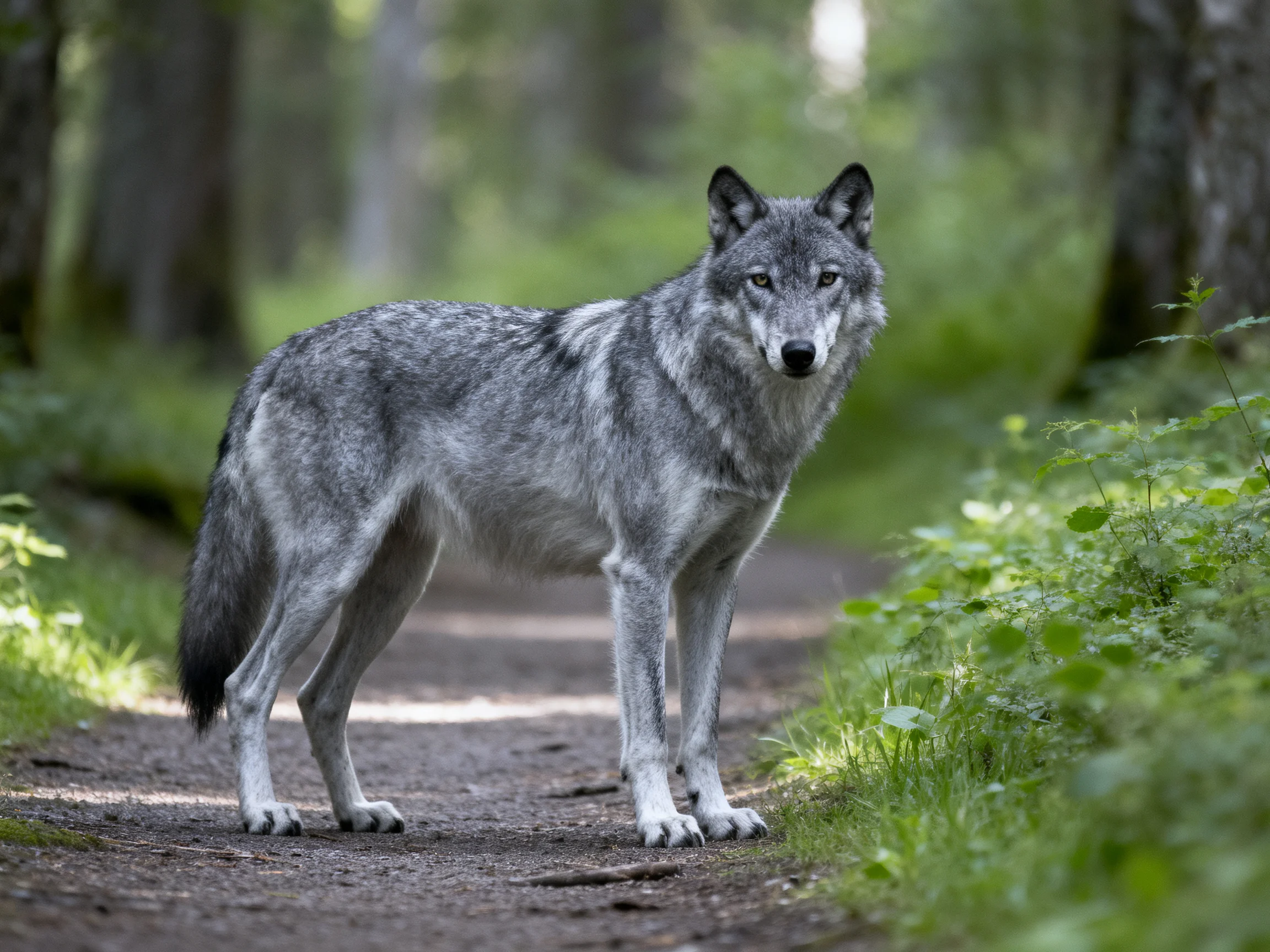 A gray wolf pauses on a forest path surrounded by greenery.