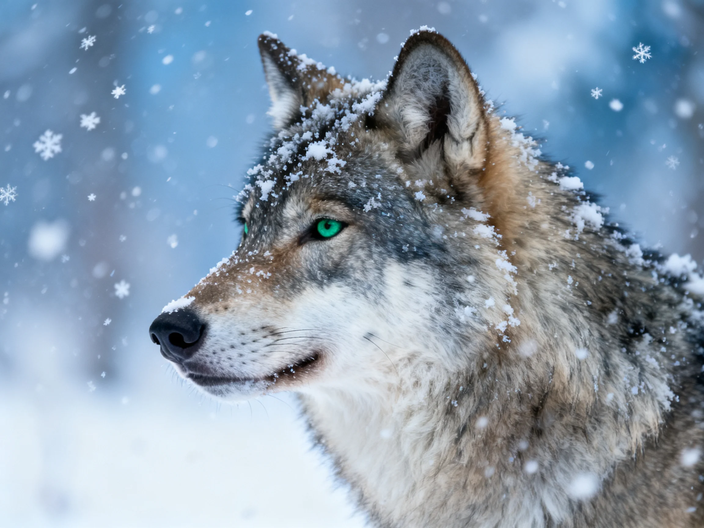 Gray wolf with emerald eyes in a snowy winter scene