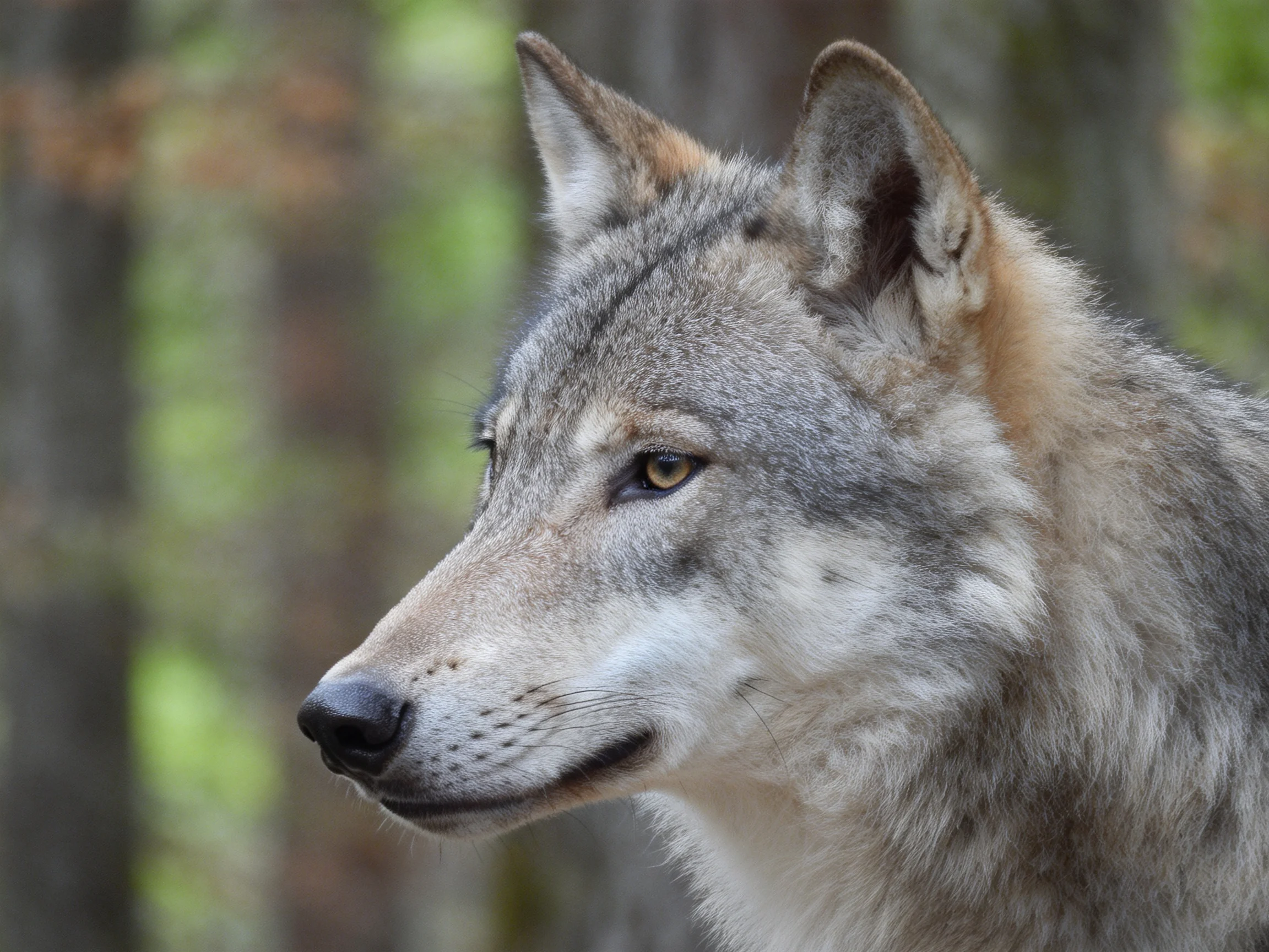 Gray wolf with pointed ears in wooded area