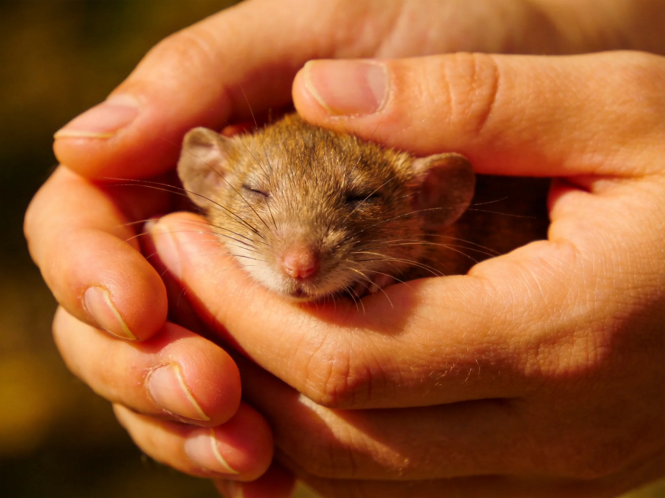 Hands gently cradling a small brown rodent with closed eyes