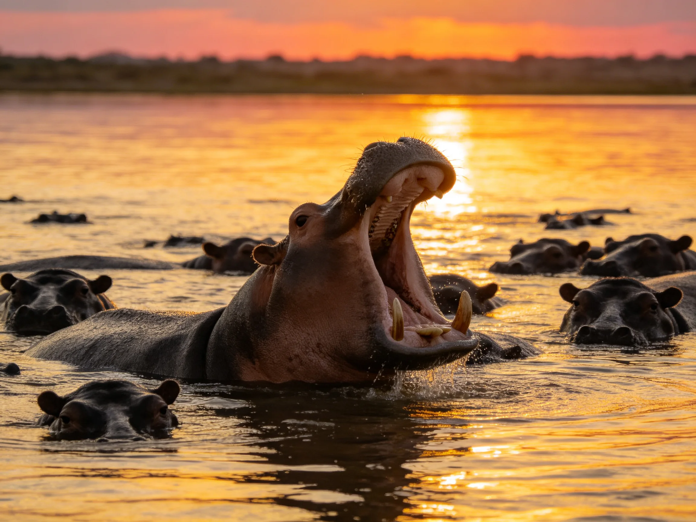 Hippos in golden-hued waters at sunset