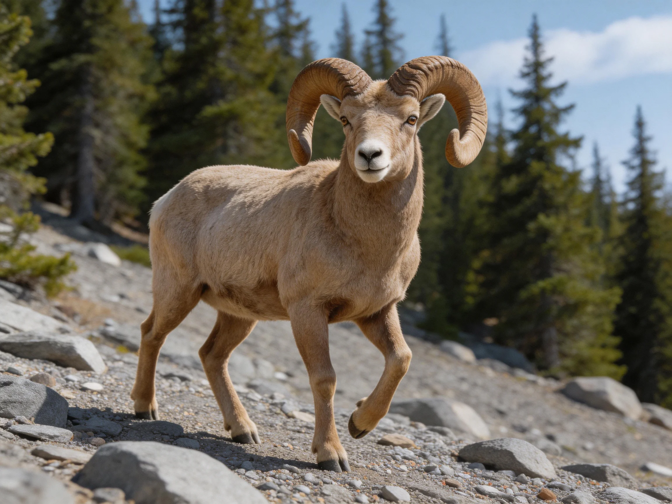 Large brown-horned ram on rocky mountain path near evergreen trees