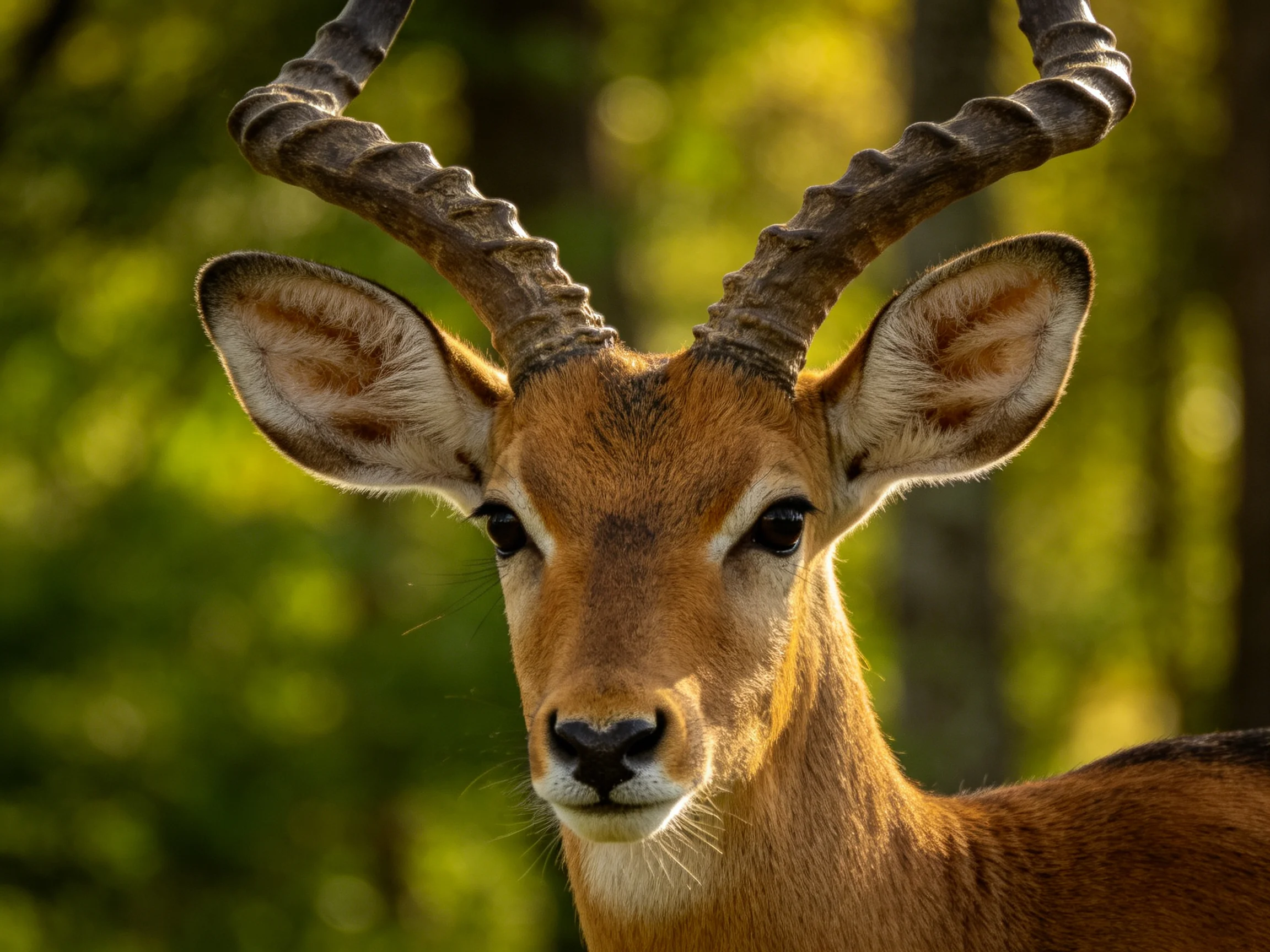 A large - horned brown antelope stands in a sunlit forest.