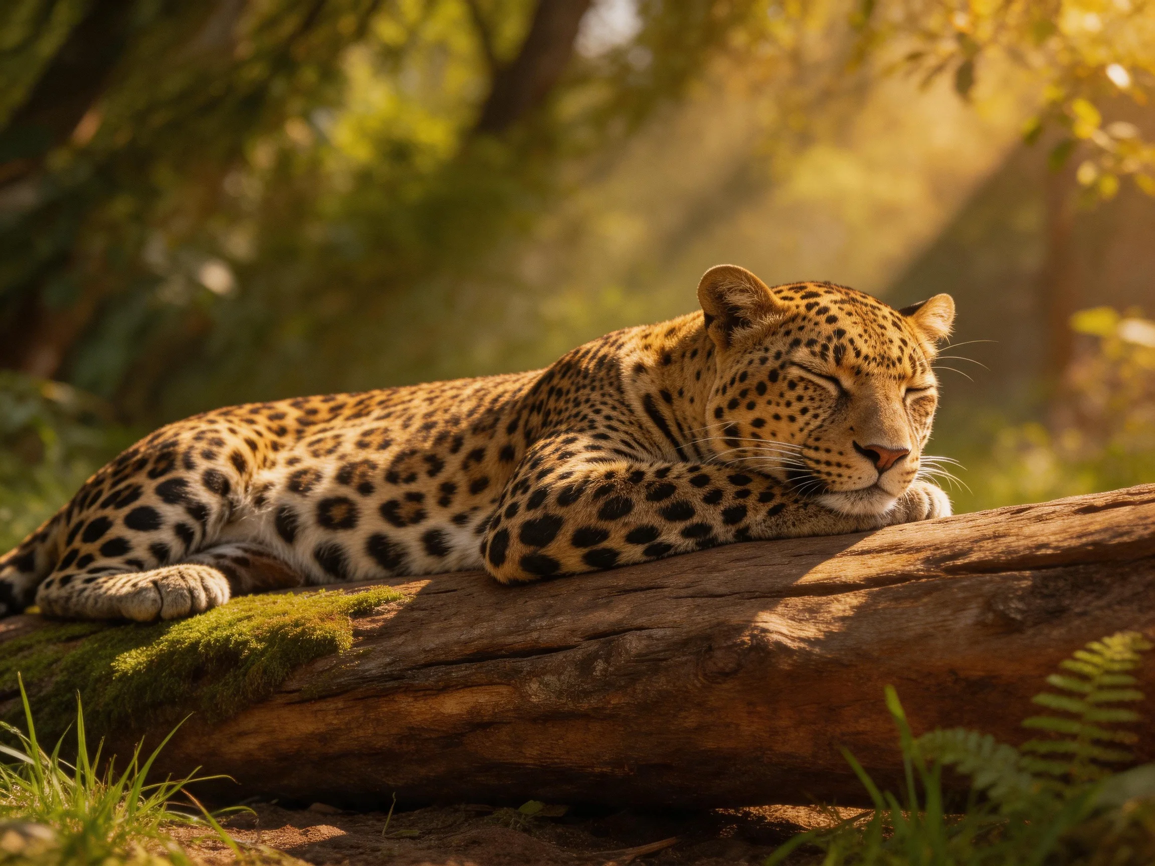 Leopard resting on mossy log in sunlit forest
