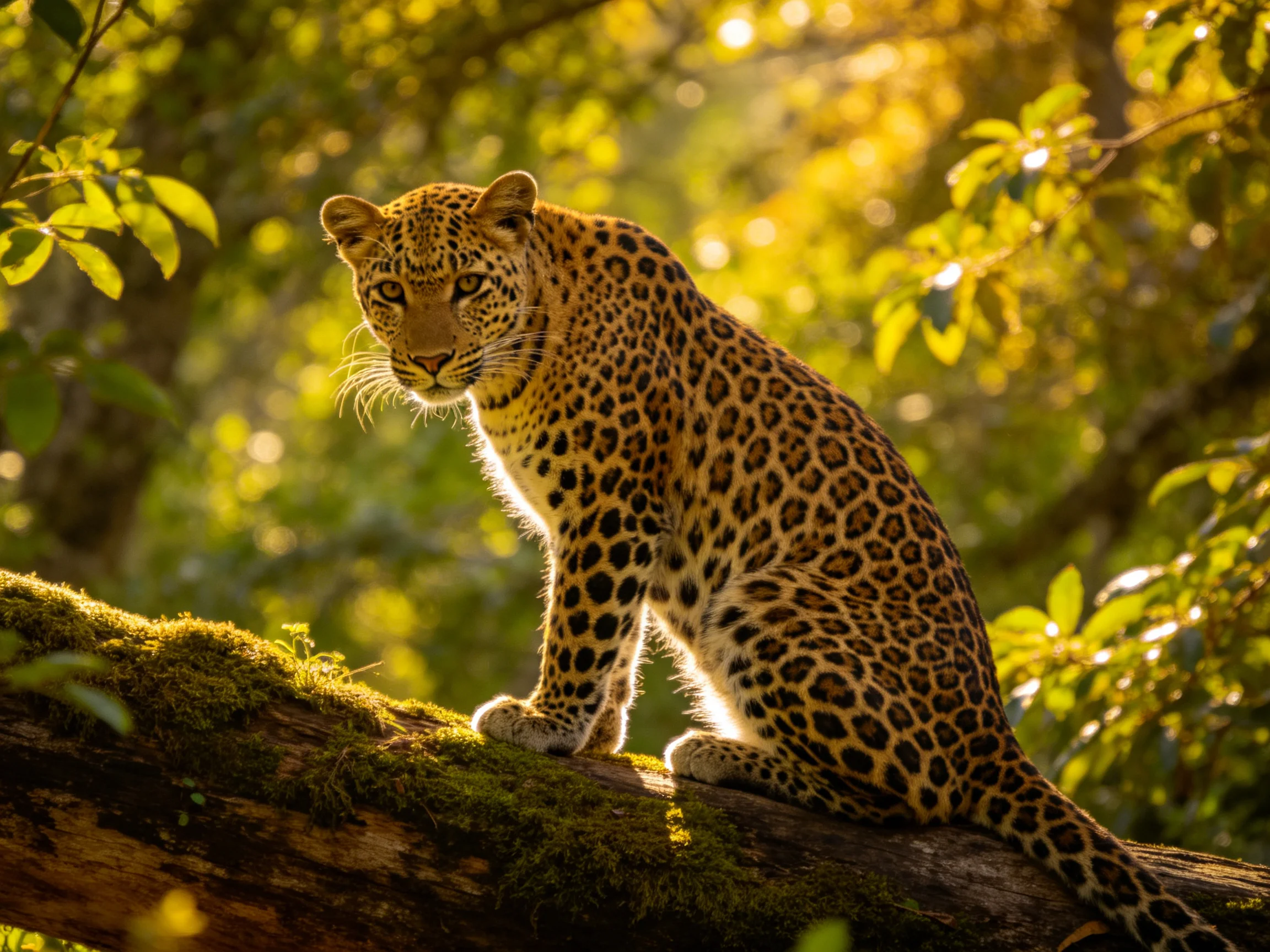 A leopard sits alertly atop a mossy log amidst dense, sunlit foliage.