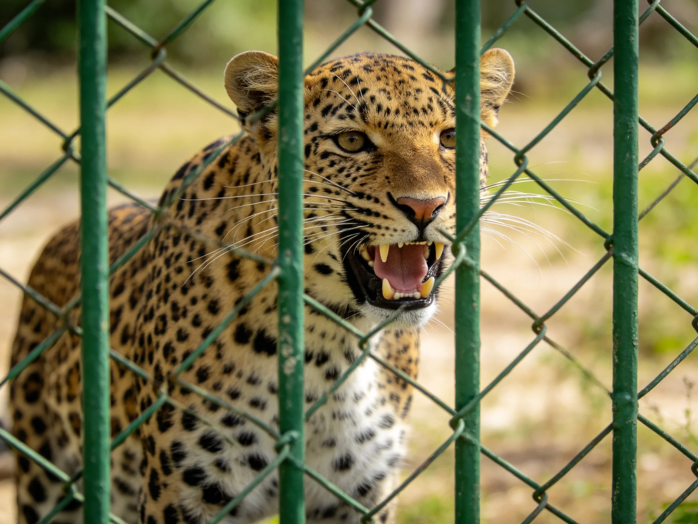 Leopard with spotted coat behind green chain-link fence