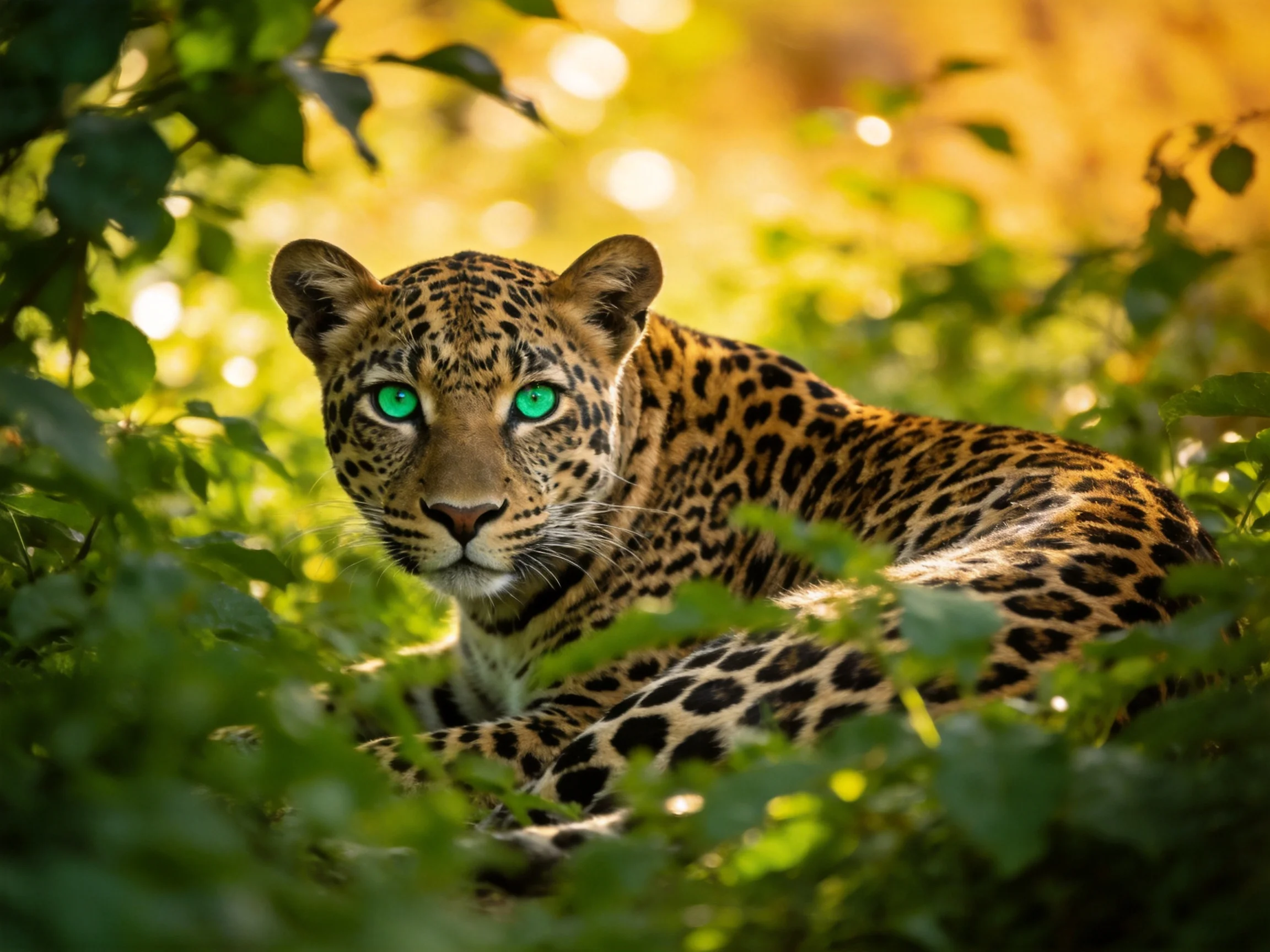 Leopard with vivid green eyes nestled in lush vegetation under golden light