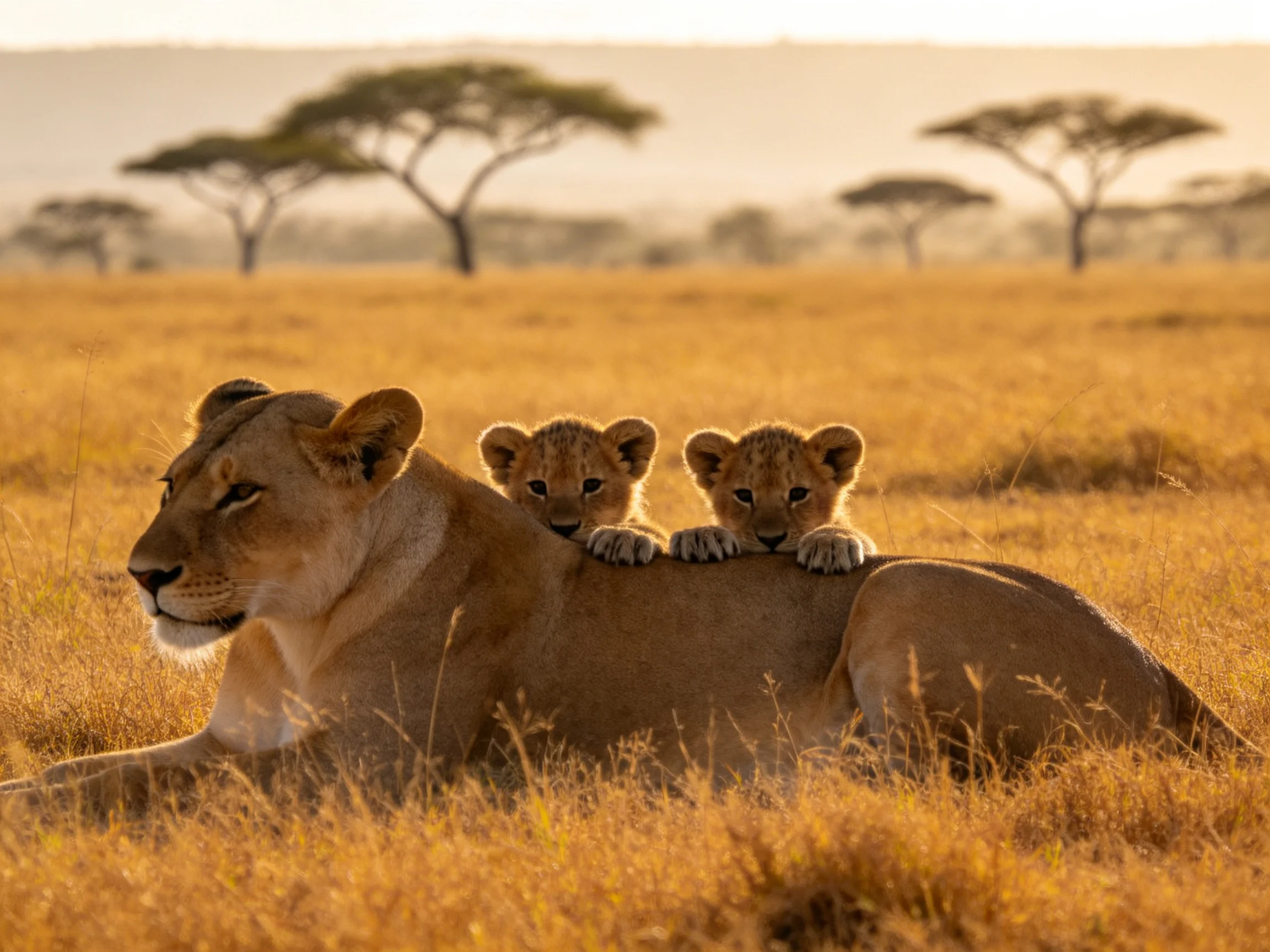 Lioness and two cubs rest in golden savannah grass