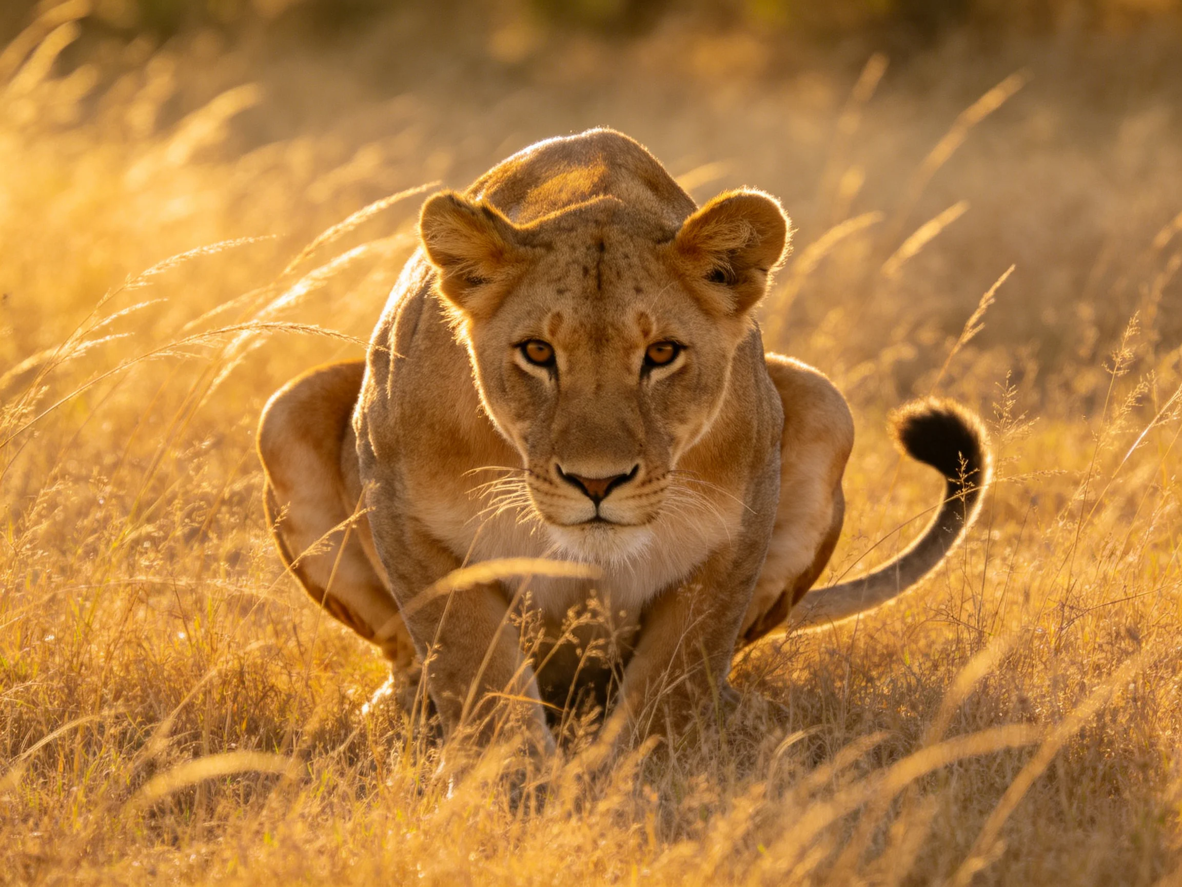 Lioness crouched in golden savannah grasses under warm sunlight