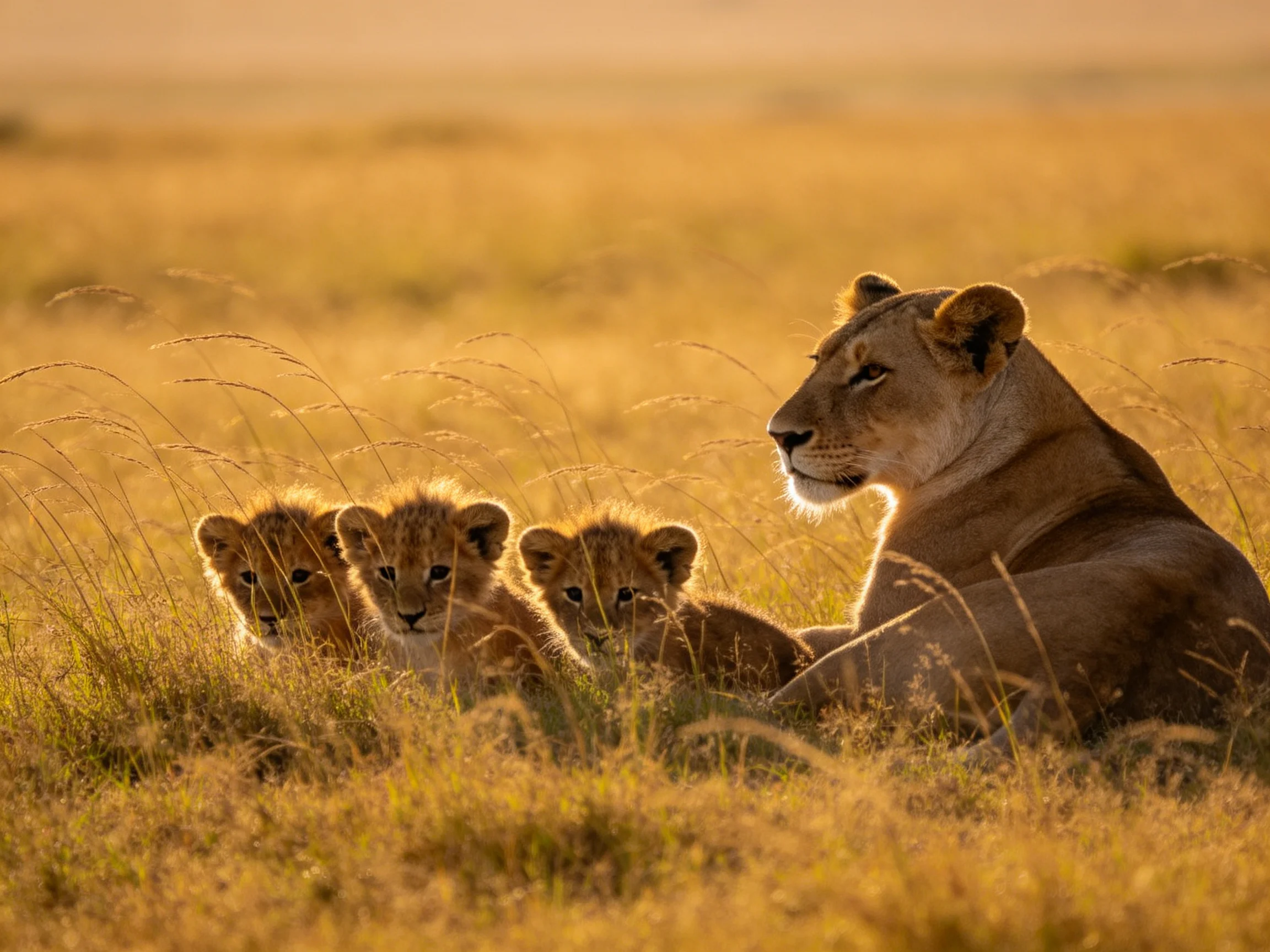 Lioness with three cubs resting in golden savannah grass