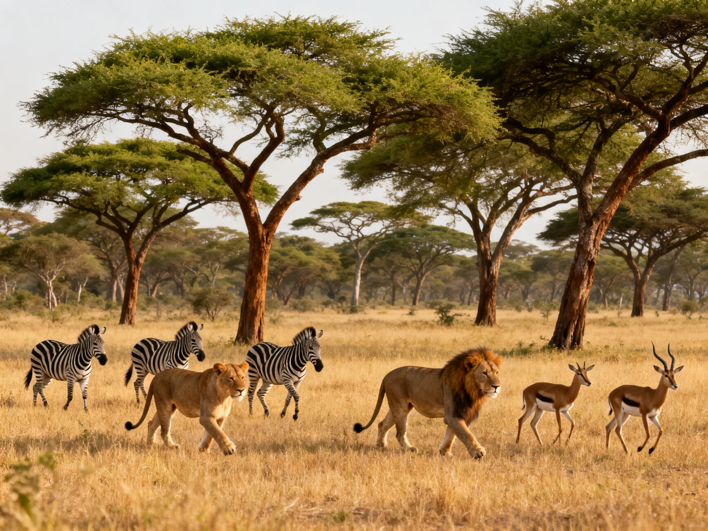 Lions, zebras, and antelopes traverse a golden savannah with acacia trees