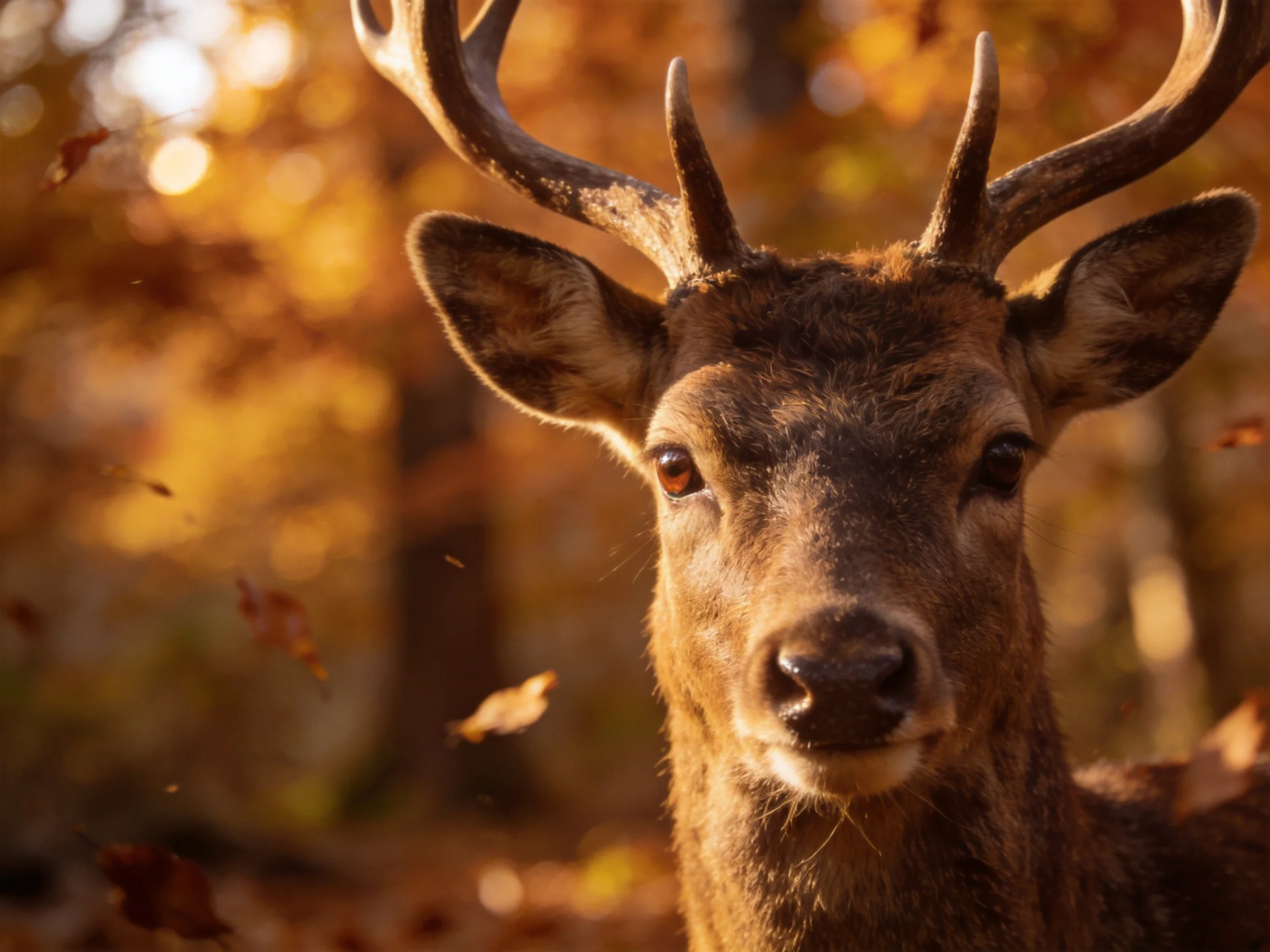 Majestic deer with large antlers in golden autumn forest
