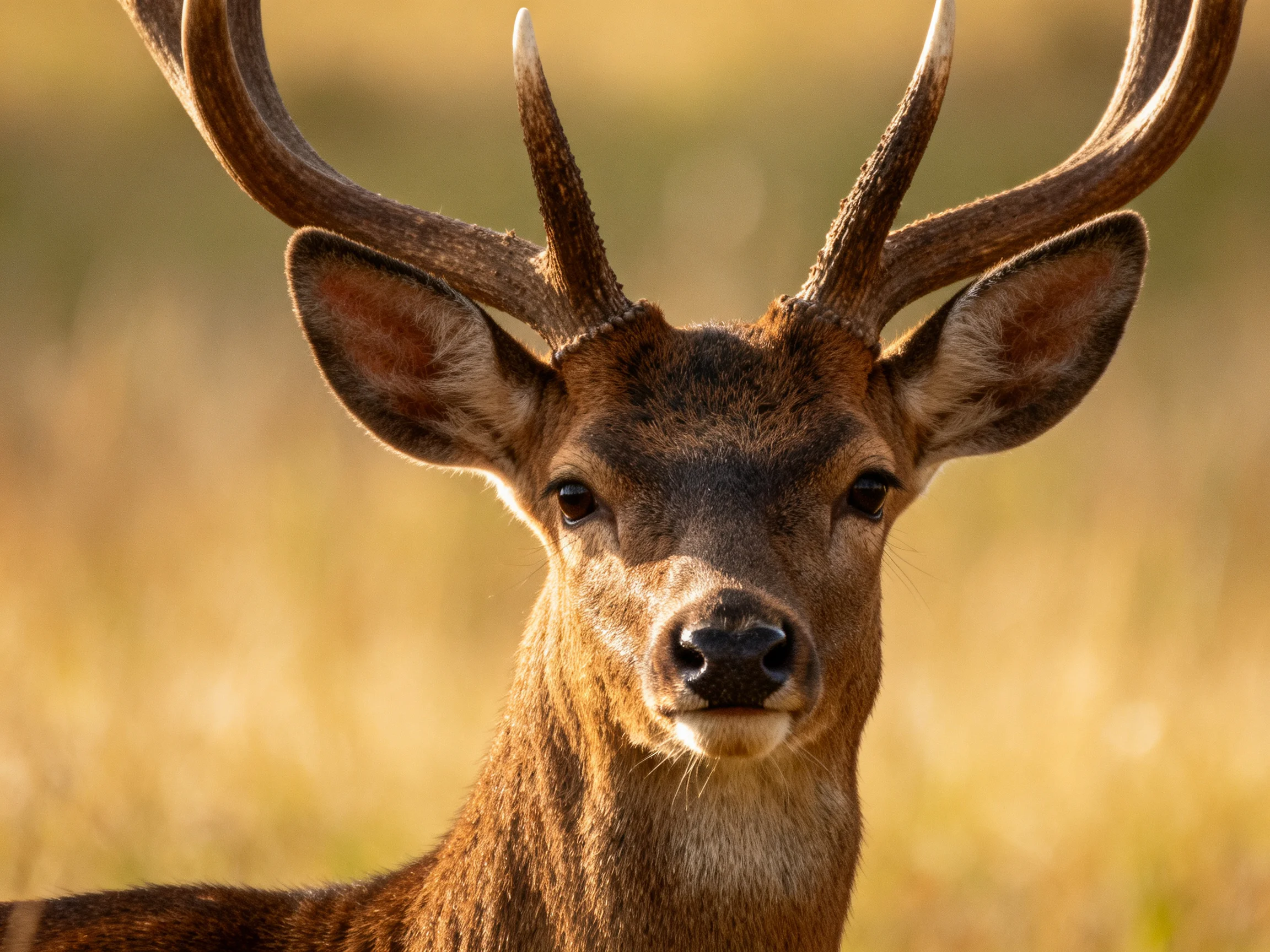 Majestic deer with sprawling antlers in golden meadow