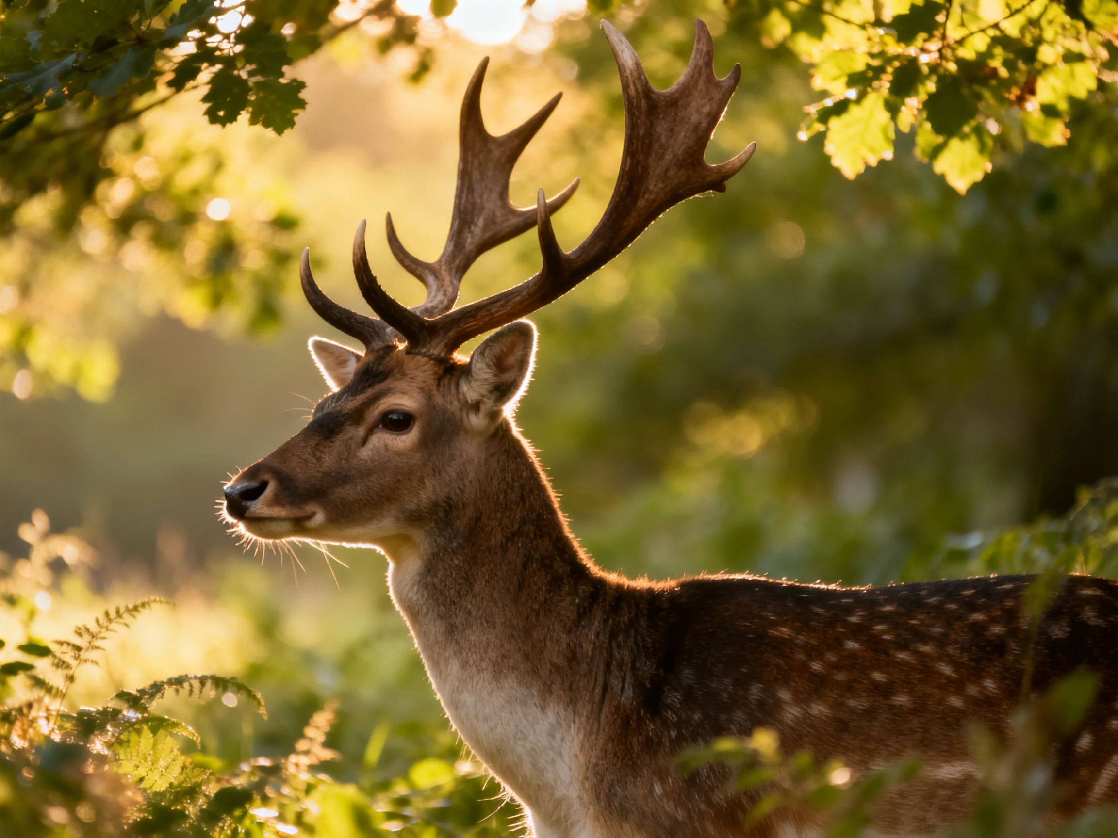 A deer with large antlers stands among dense greenery in a sunlit woodland.