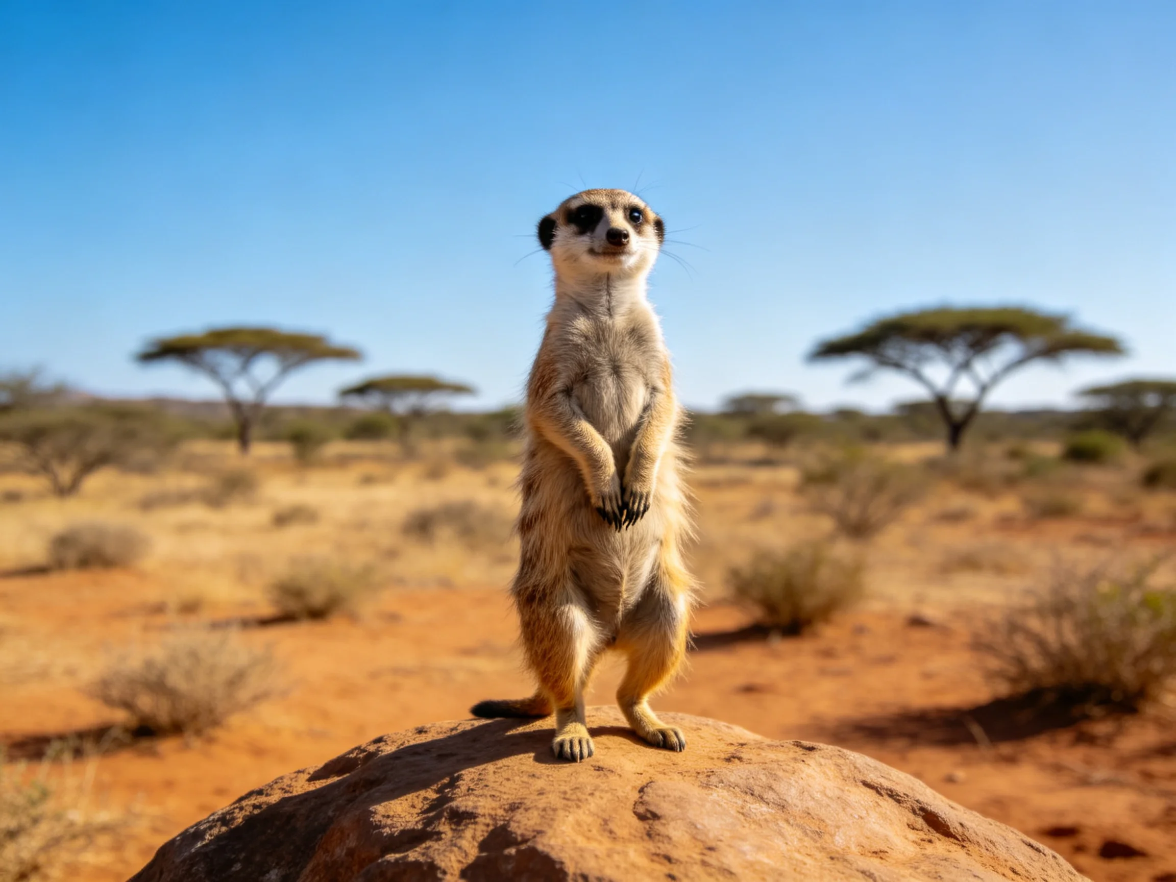 Meerkat stands alert on a large brown rock in sunny savannah landscape