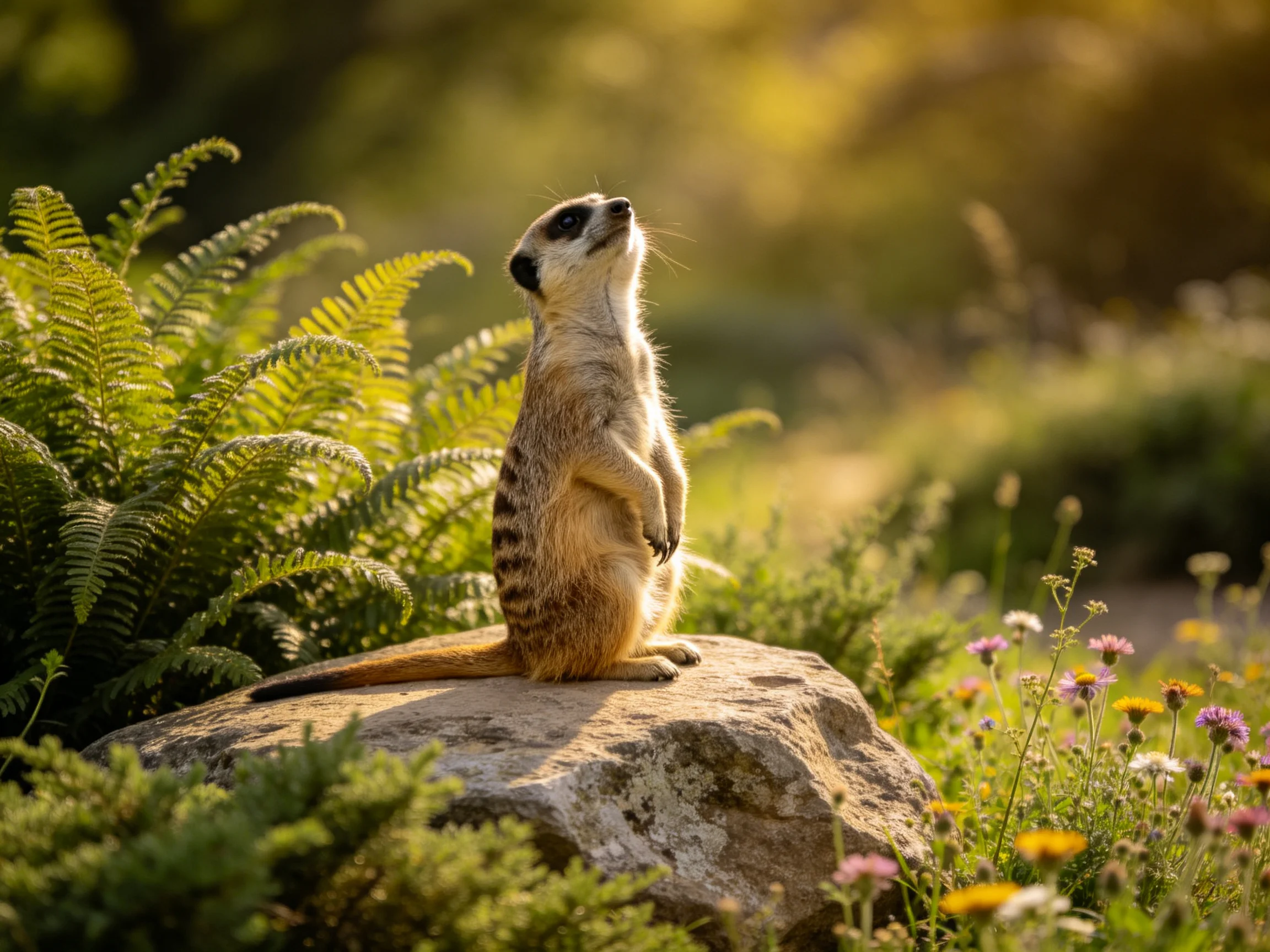 Meerkat stands on large rock amid lush ferns and wildflowers