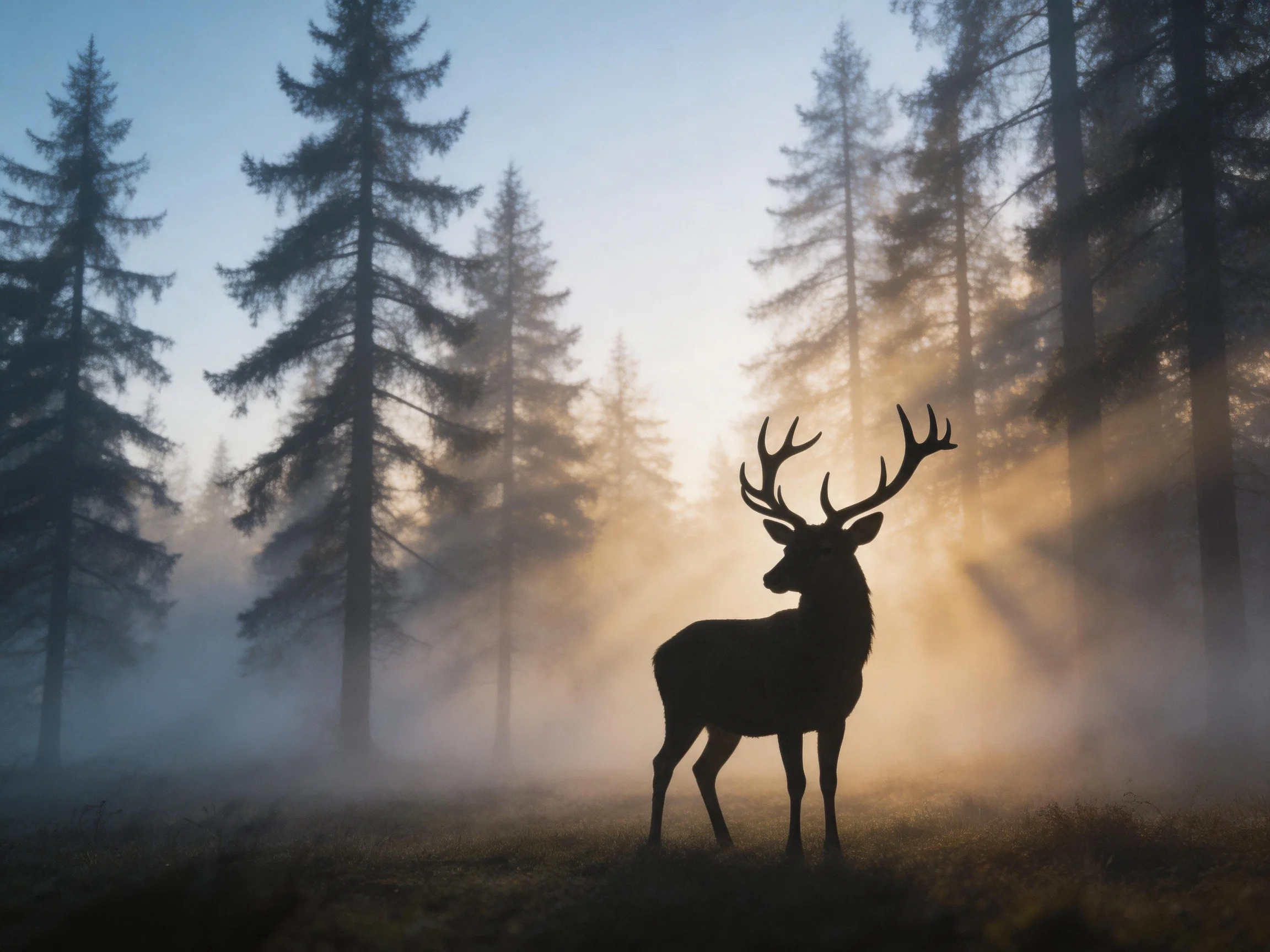A deer stands silhouetted in a misty forest at dawn.