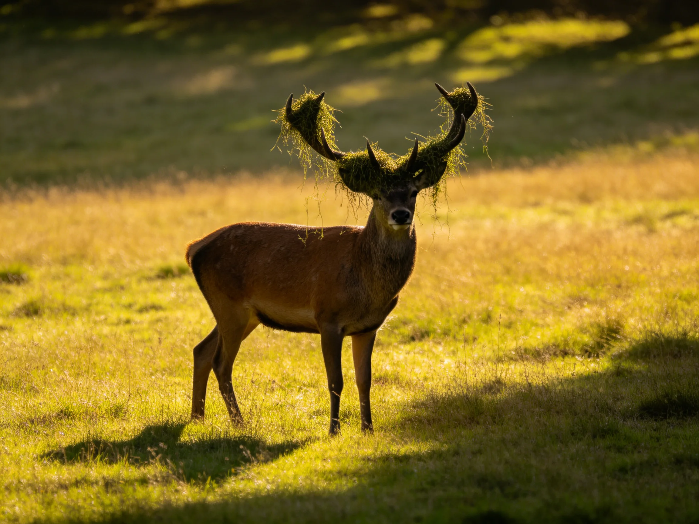 Moss-covered antlered deer in a sunlit grassy field