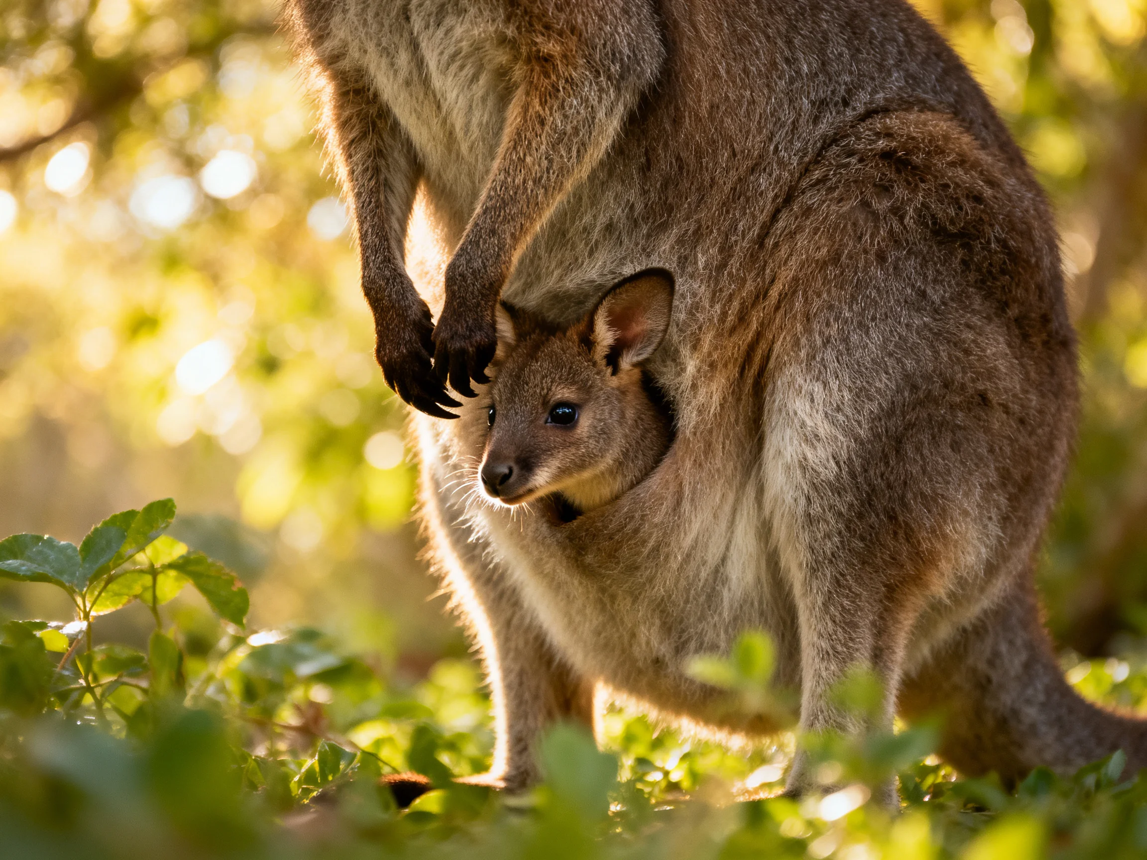 Mother kangaroo with joey in sunlit green foliage