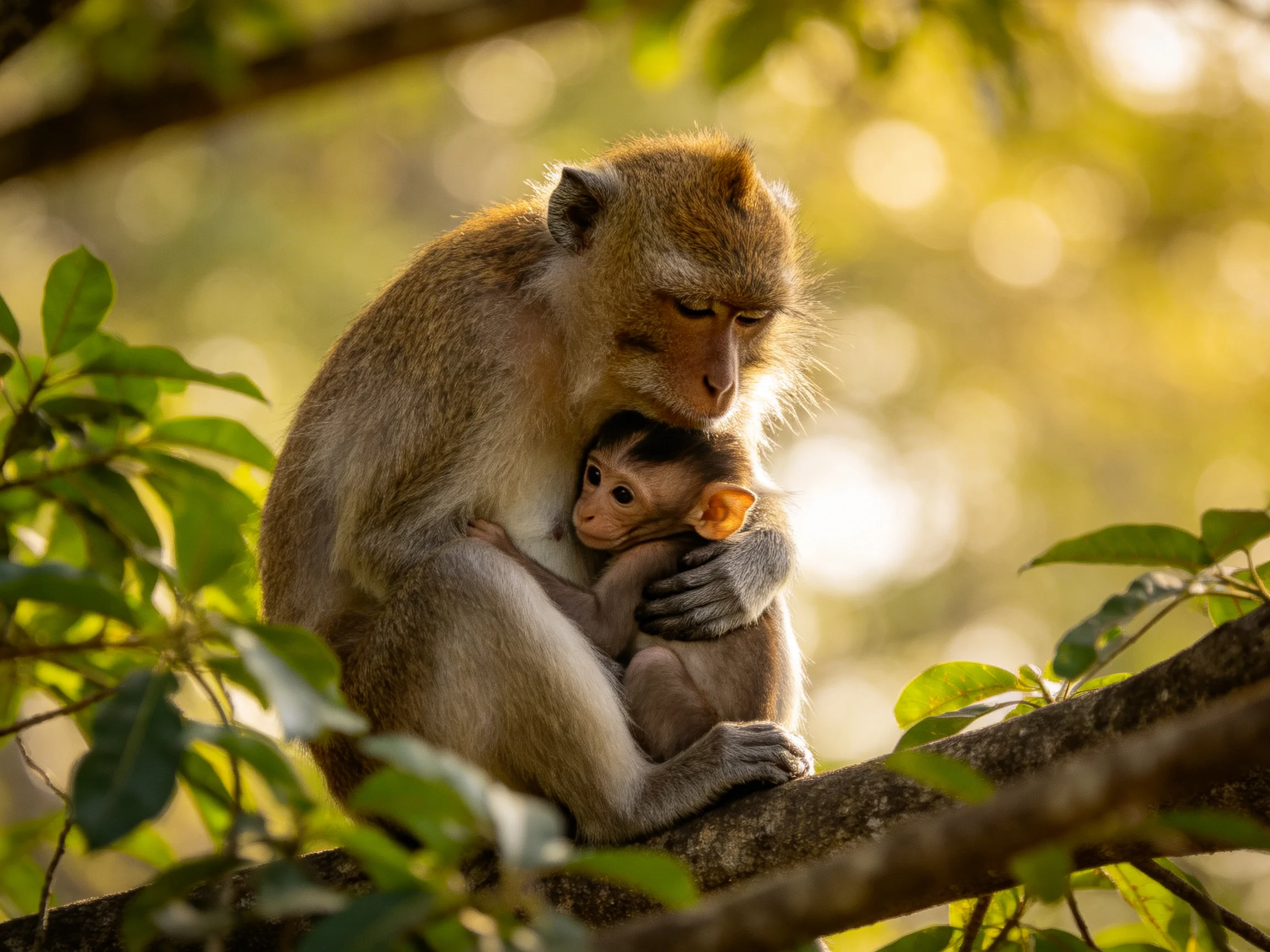 Mother monkey cradling infant in lush green foliage