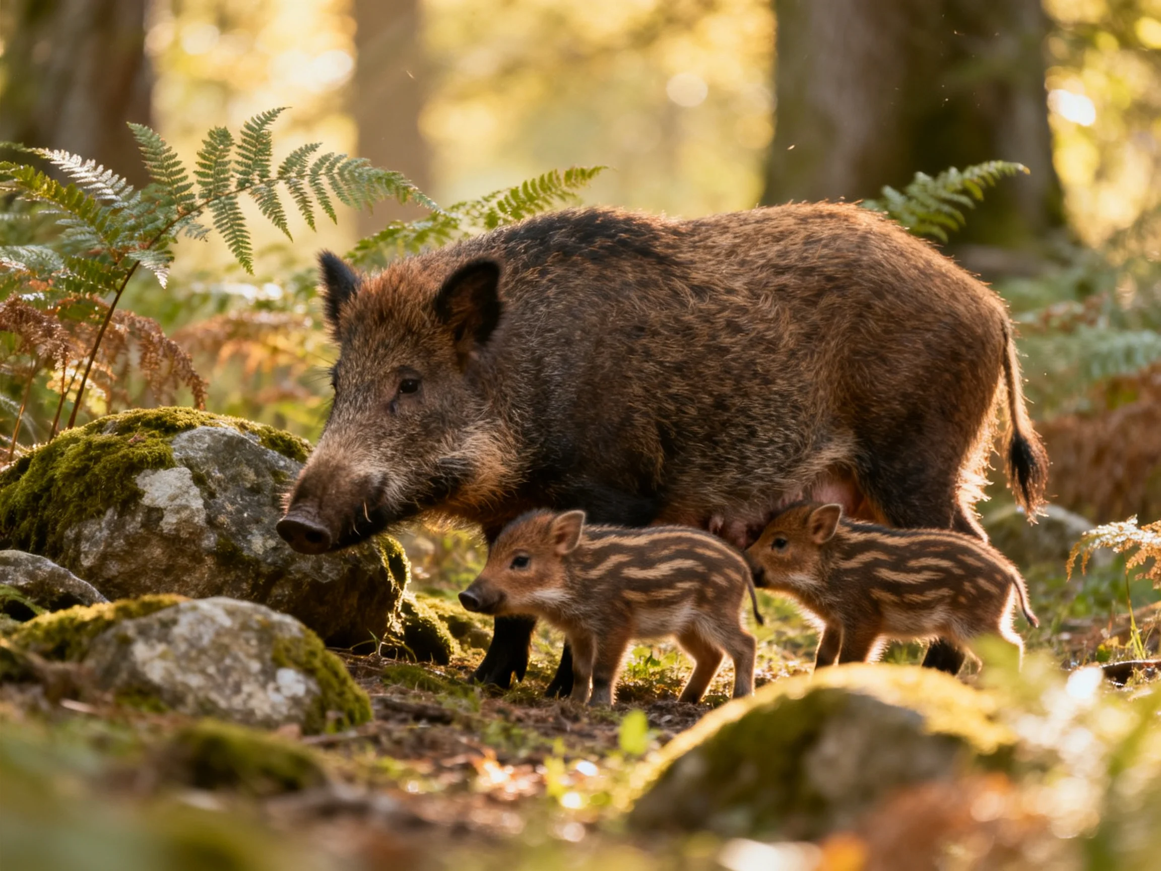Mother wild boar and two striped piglets in sunlit forest
