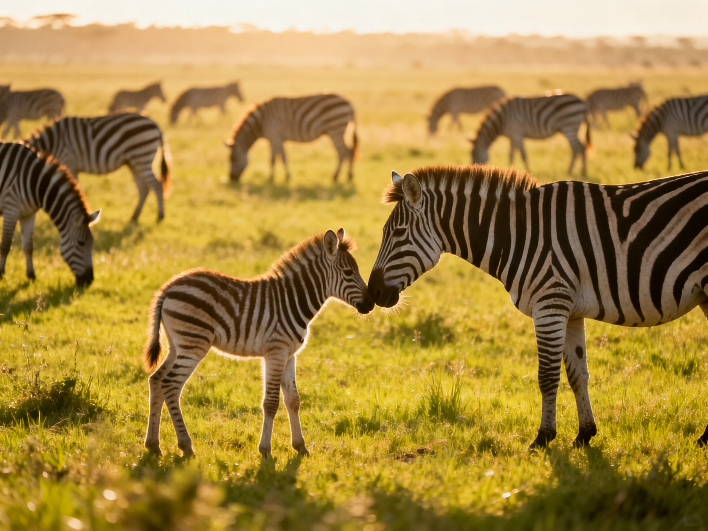 Mother zebra nuzzling foal among striped zebras in sunlit savannah