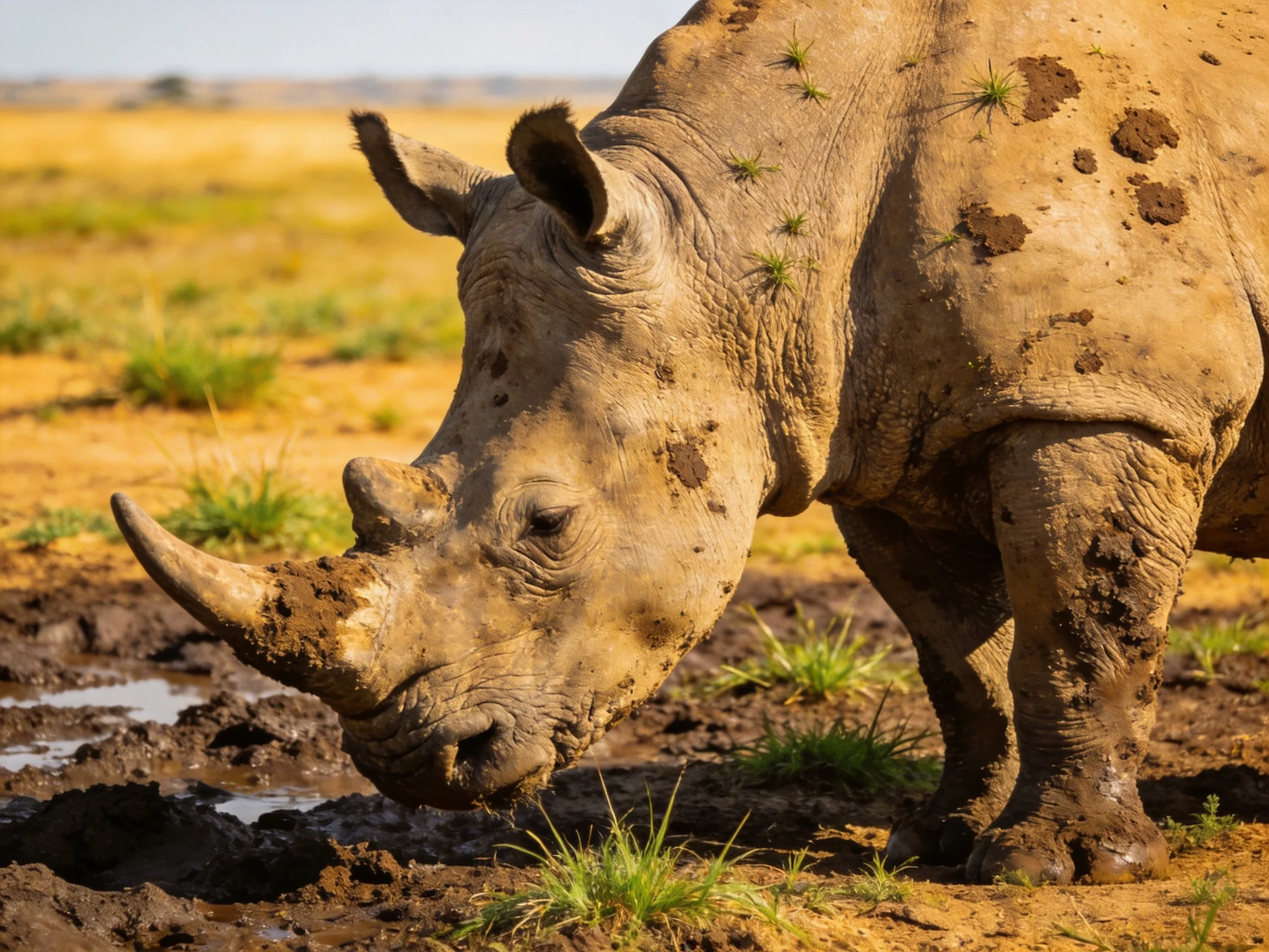 Mud-coated rhinoceros in a golden savannah landscape