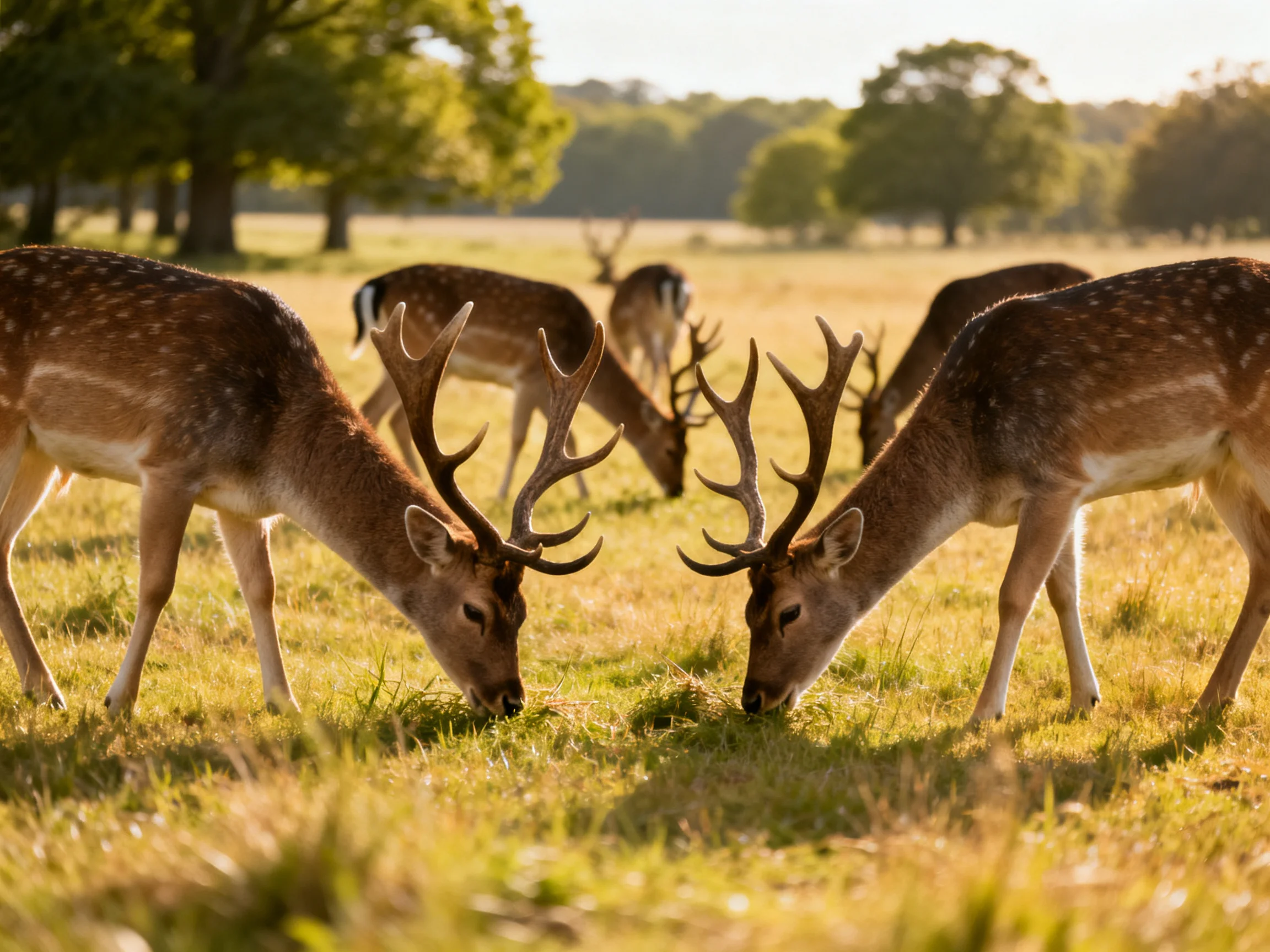 Spotted deer graze in a sunlit grassy field.