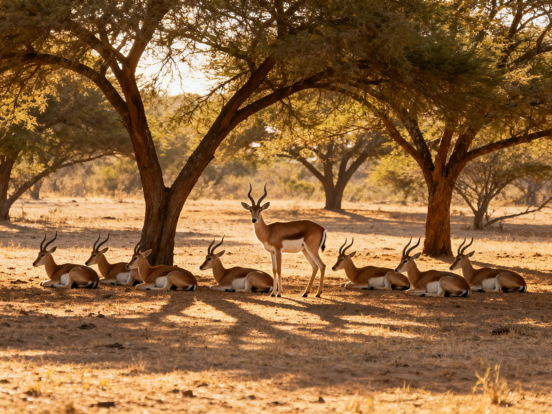 Nine gazelles rest among acacia trees in golden savannah