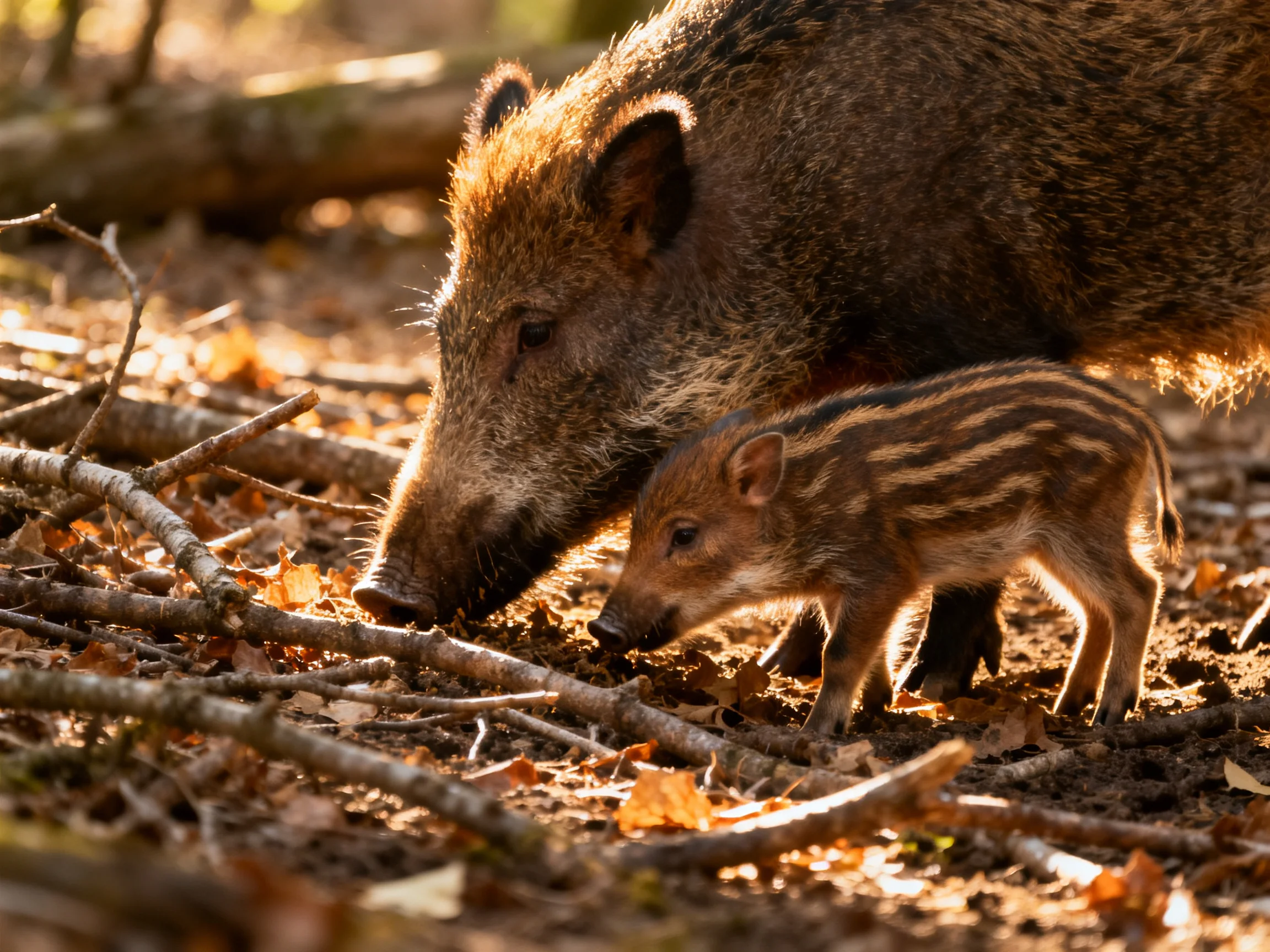 One adult wild boar and striped piglet forage among fallen branches in a sunlit forest