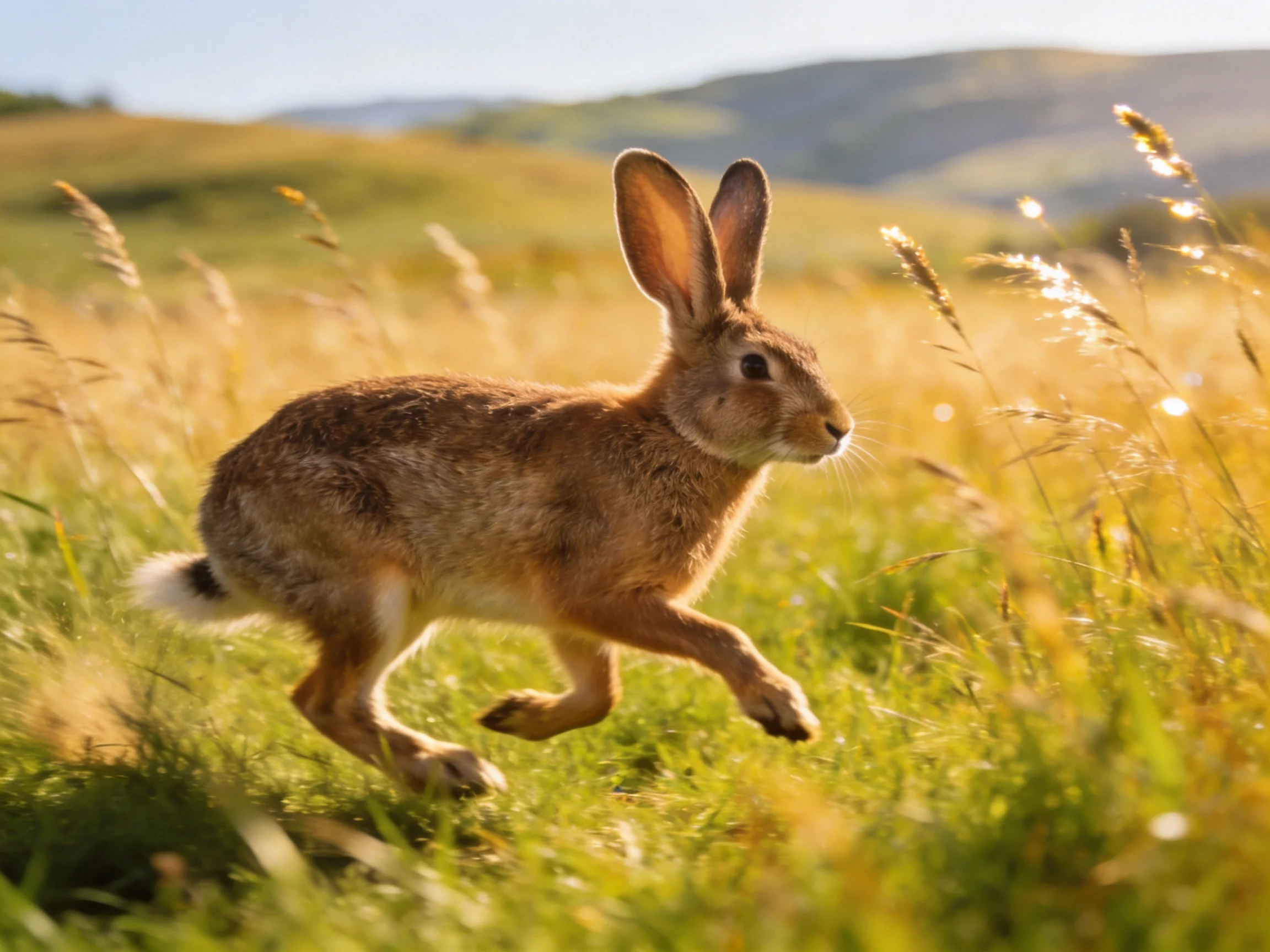 One brown hare sprints through golden meadow grass near rolling hills