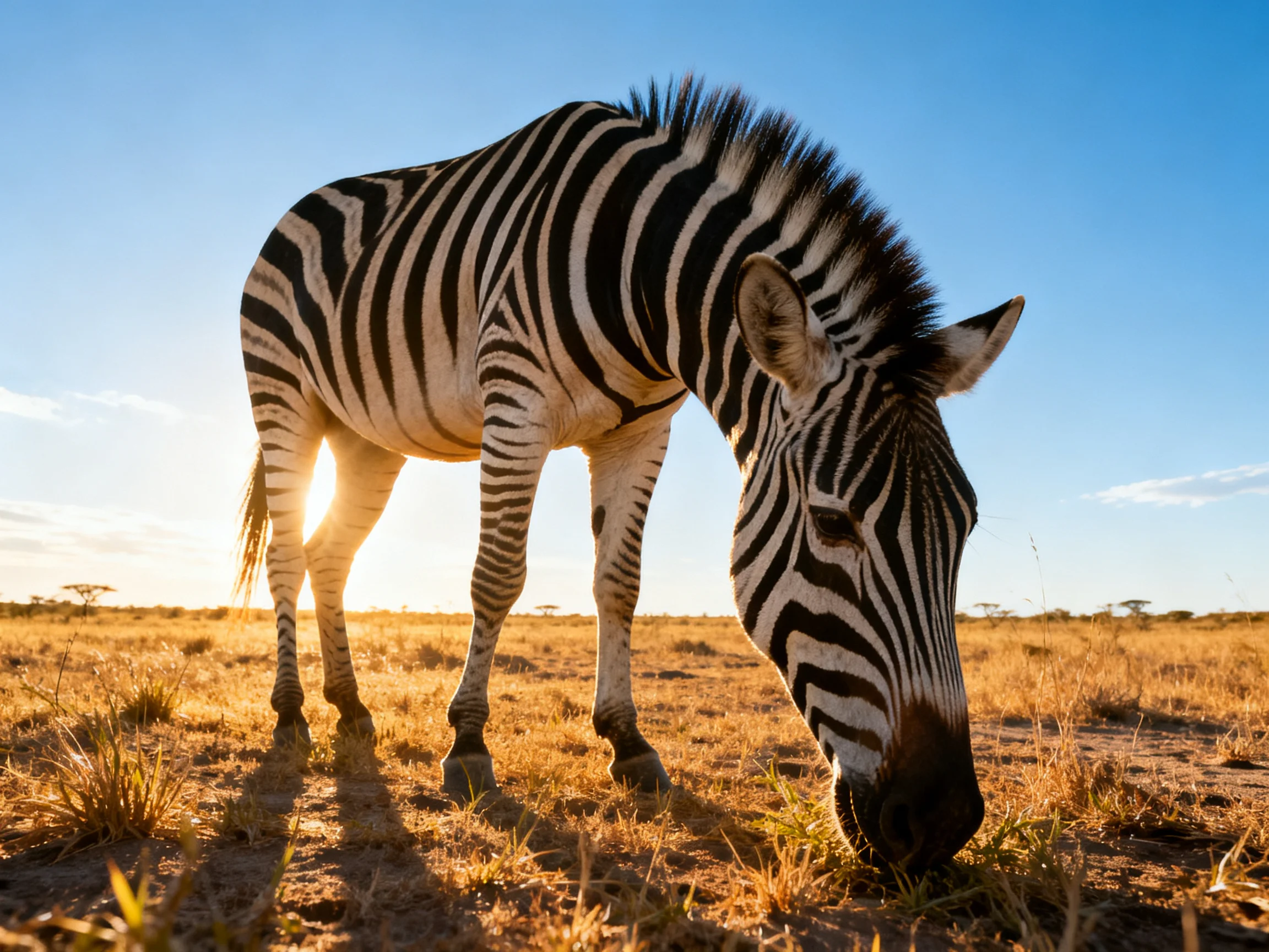 One zebra grazing in golden savannah with bold stripes