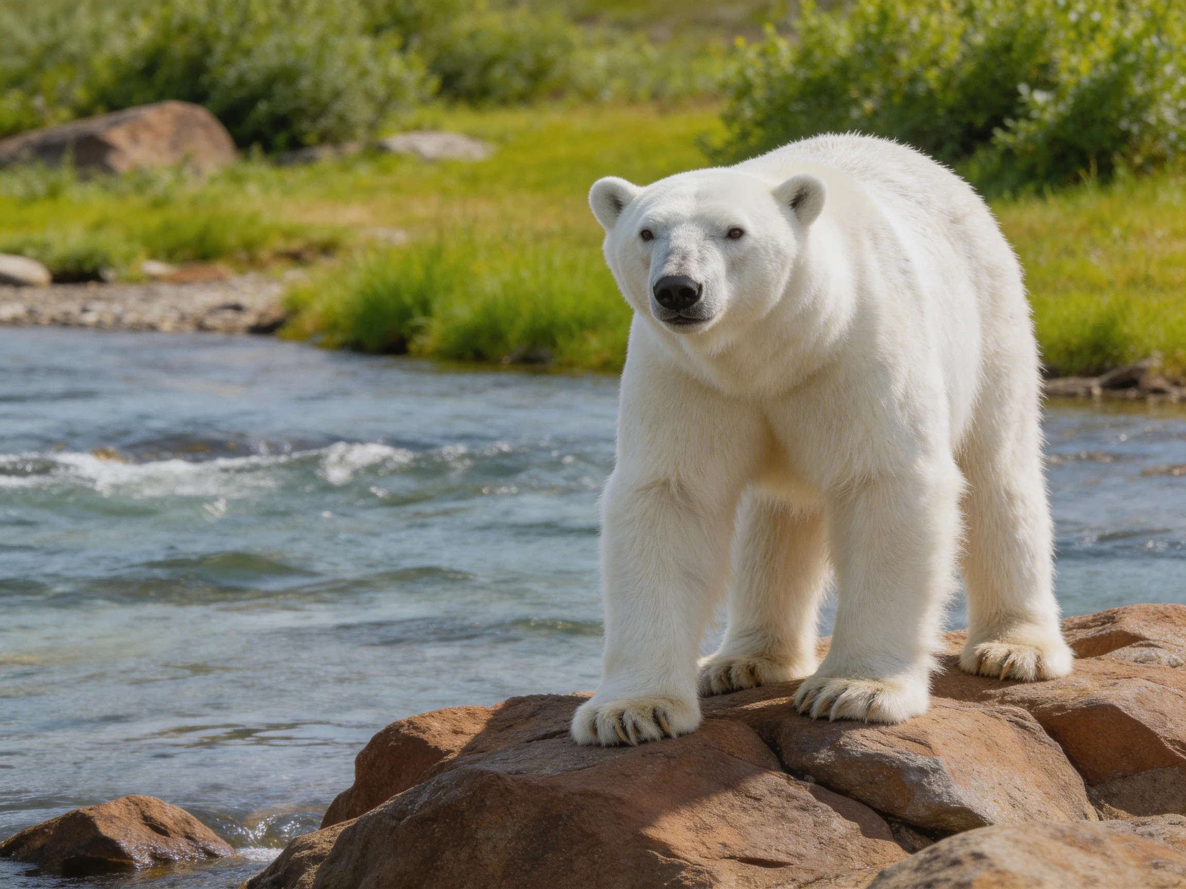 Polar bear on brown rocks near a blue stream with green vegetation