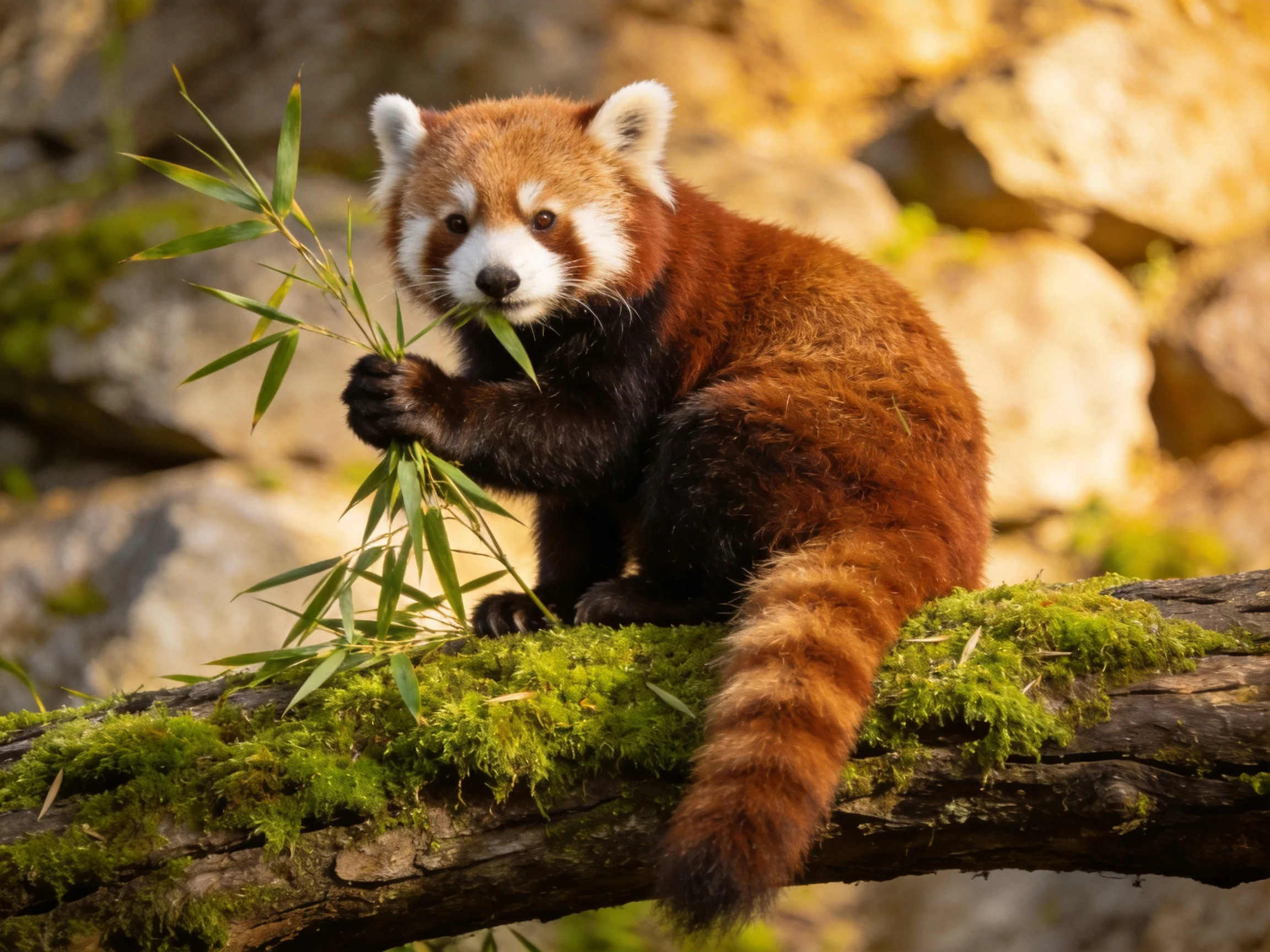A red panda eats bamboo while sitting on a moss-covered branch next to rocks.