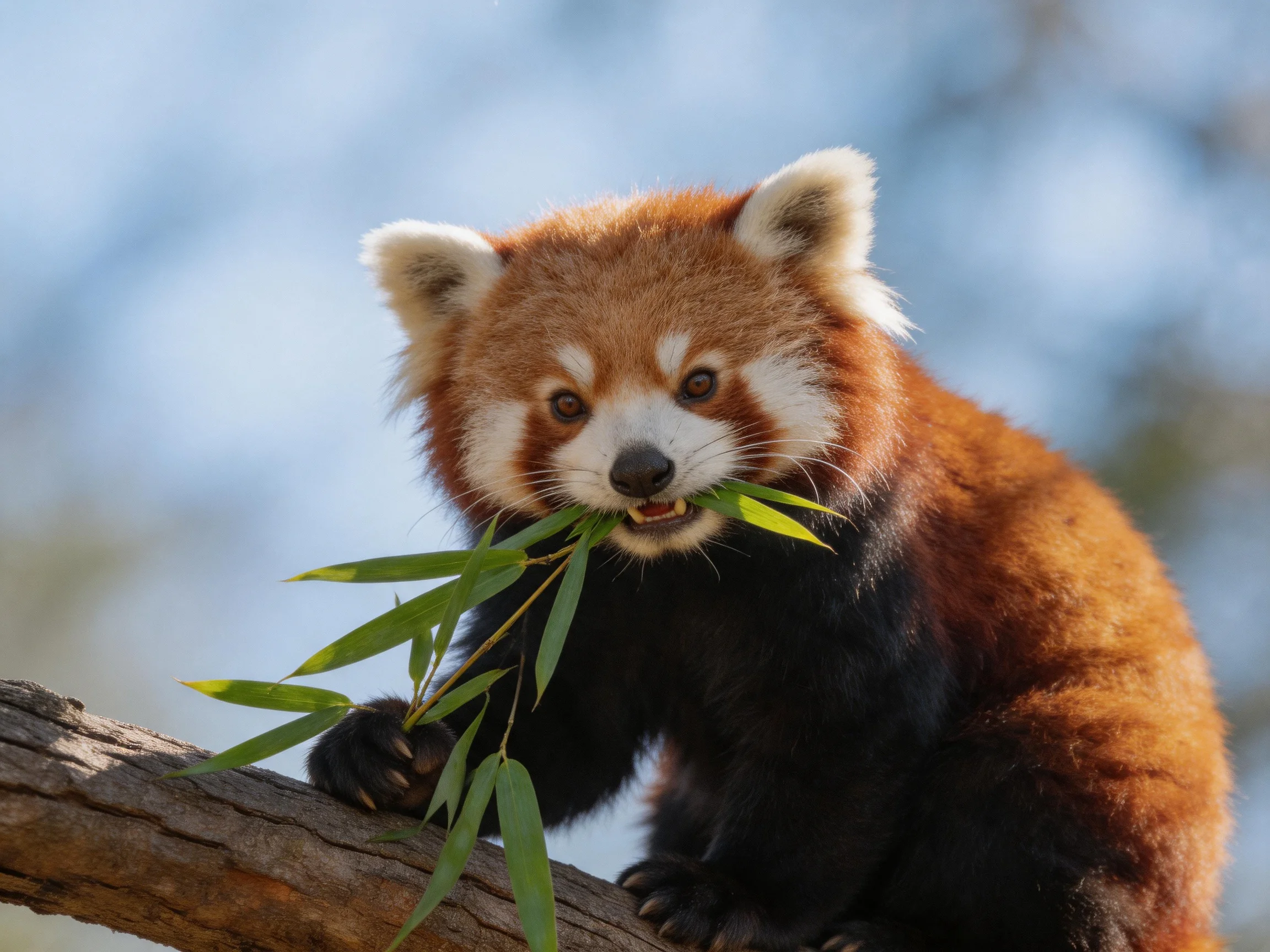 A red panda munches on bamboo while perched on a tree branch.