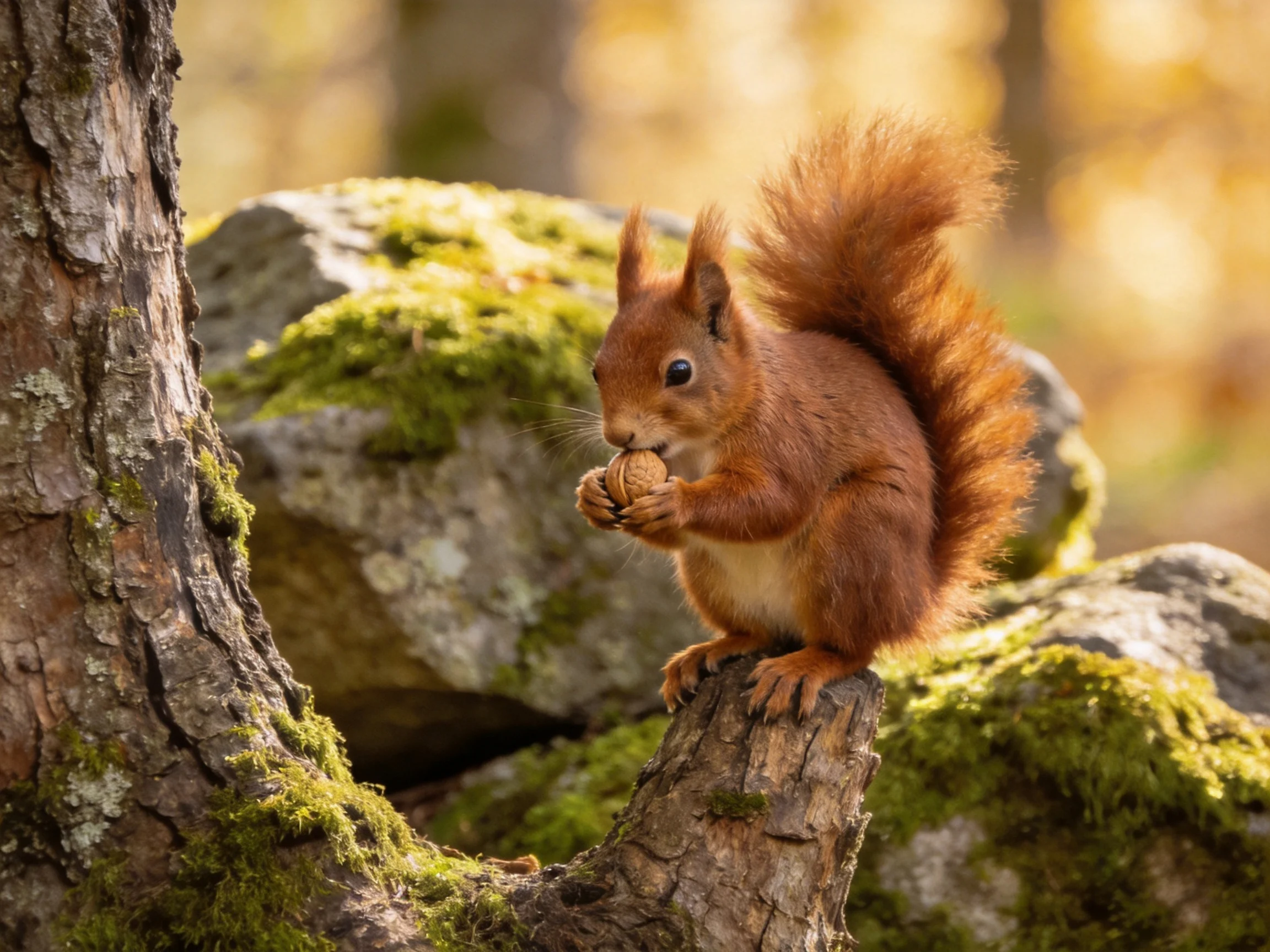 Red squirrel nibbling nut amid mossy rocks and tree