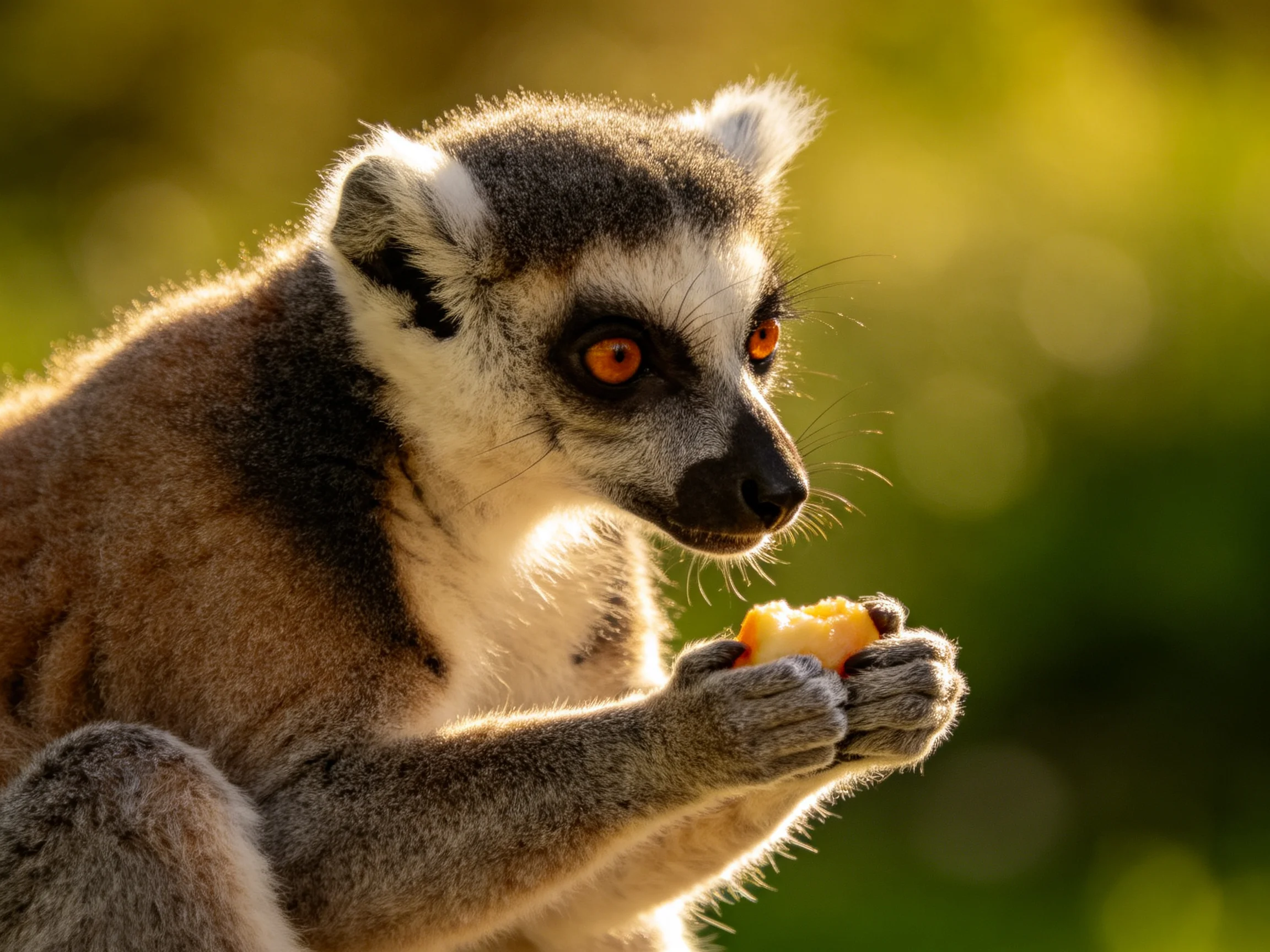 Ring-tailed lemur enjoys eating fruit amid soft green bokeh