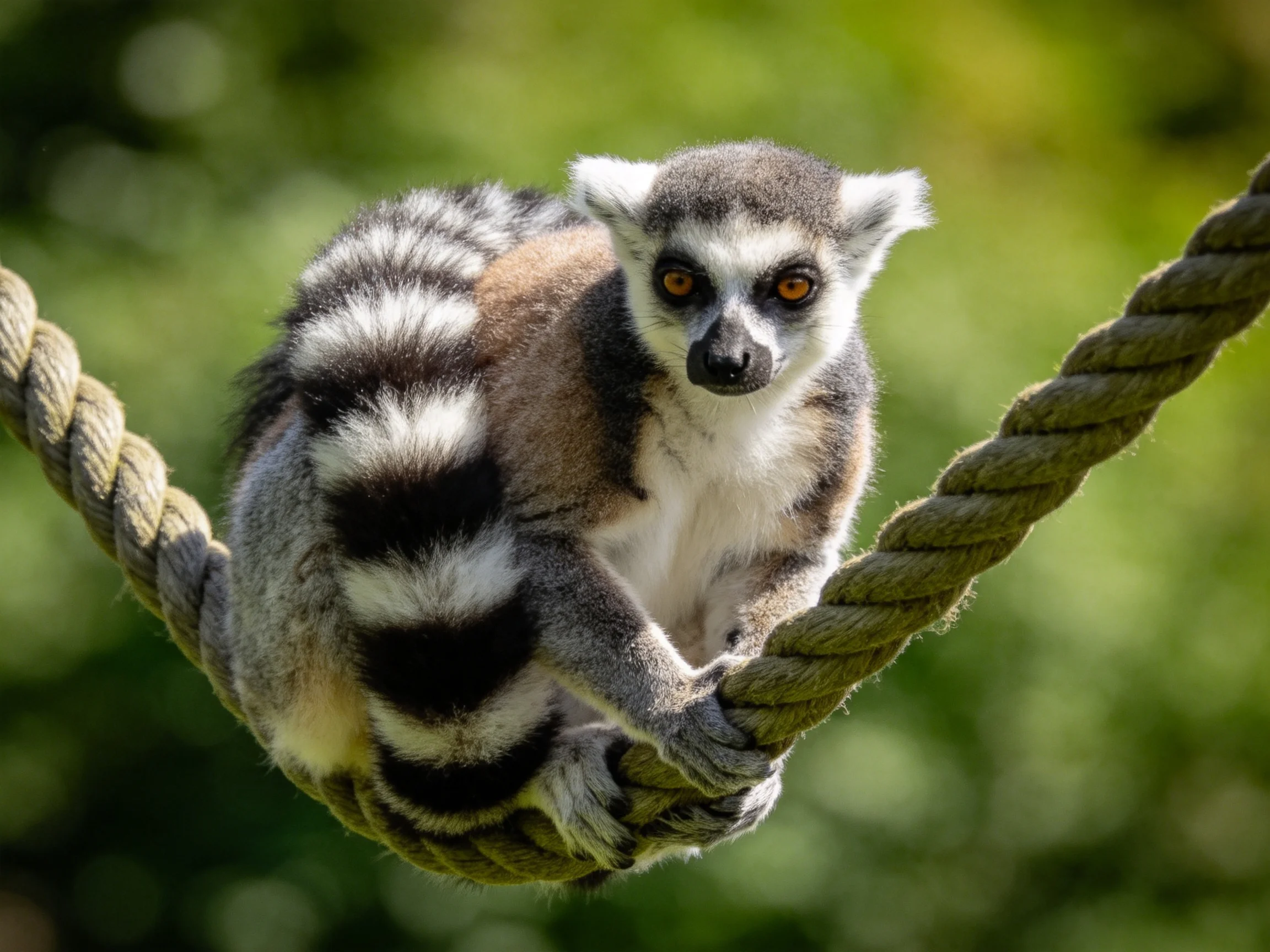 Ring-tailed lemur with black-and-white striped tail gripping thick rope swing