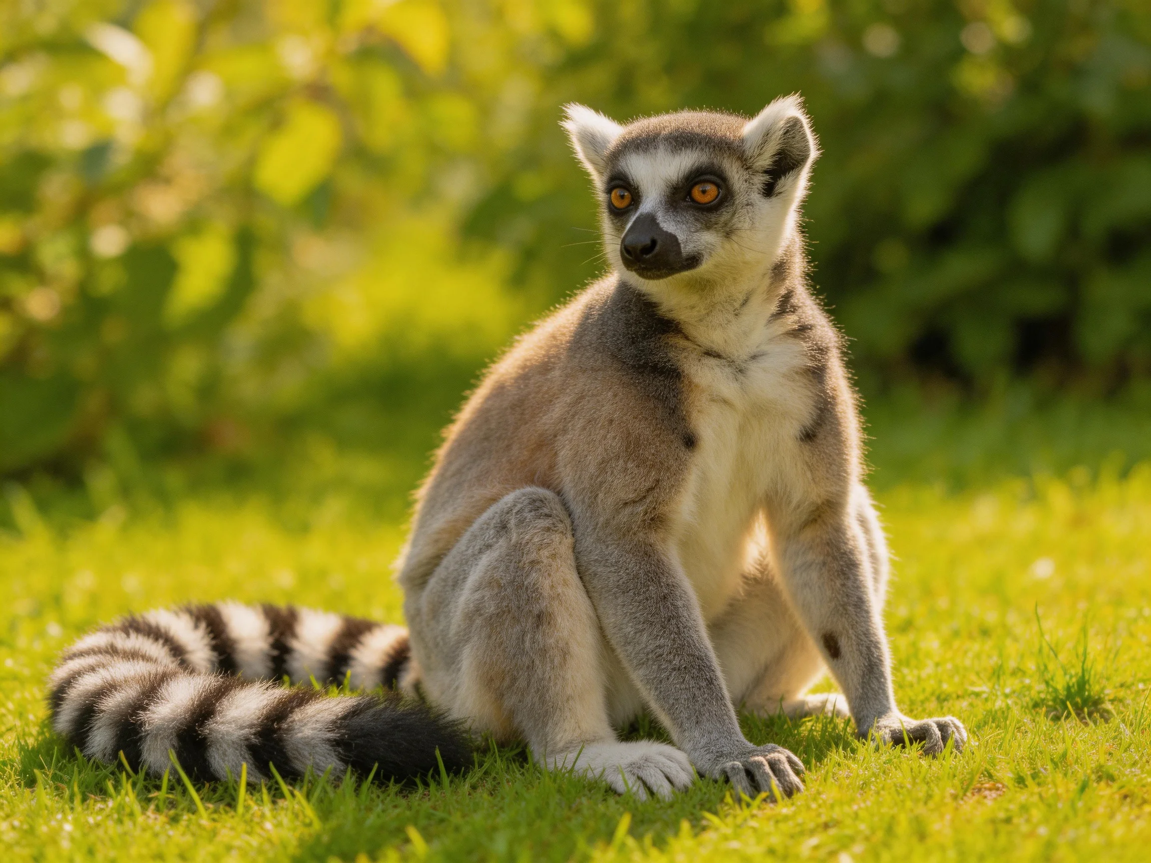 Ring-tailed lemur with black-and-white stripes sits on lush green grass under sunny light