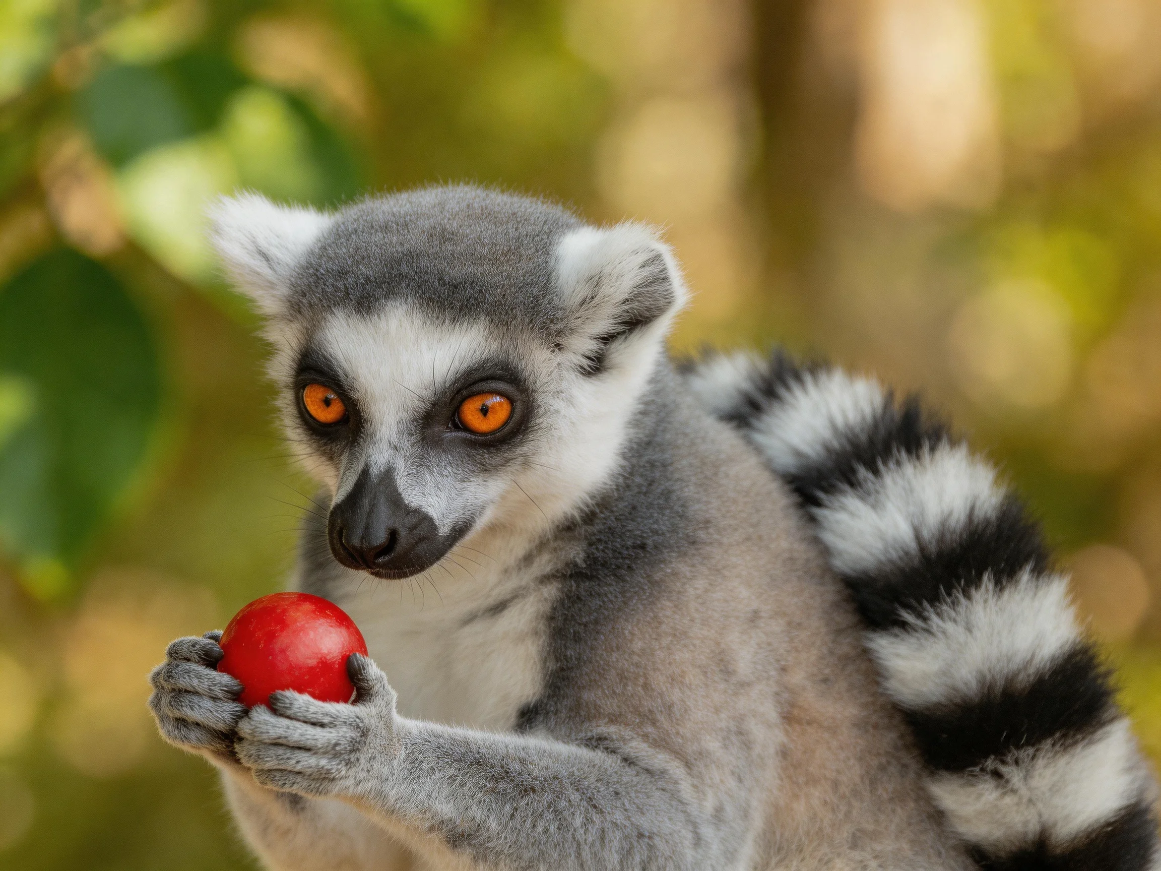 Ring-tailed lemur with gray fur holds a bright red fruit among green foliage